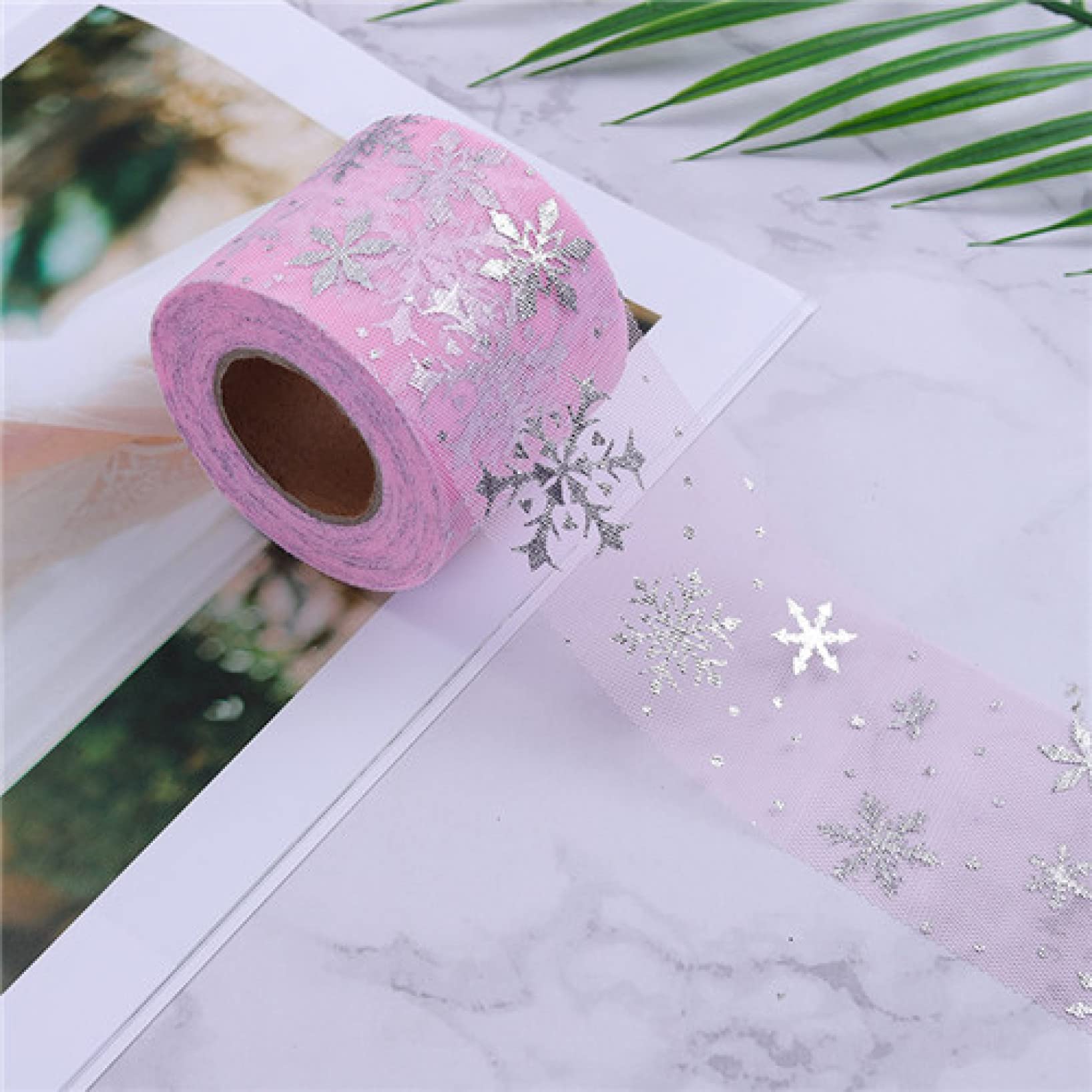 25 Yards Snowflake Printed Tulle Mesh Ribbon - DIY Sewing Fabric for Garments, Hair Clips, Tutu Skirts & Handmade Crafts | Perfect for Christmas Decorations, Wedding Favors, and Gift Wrapping