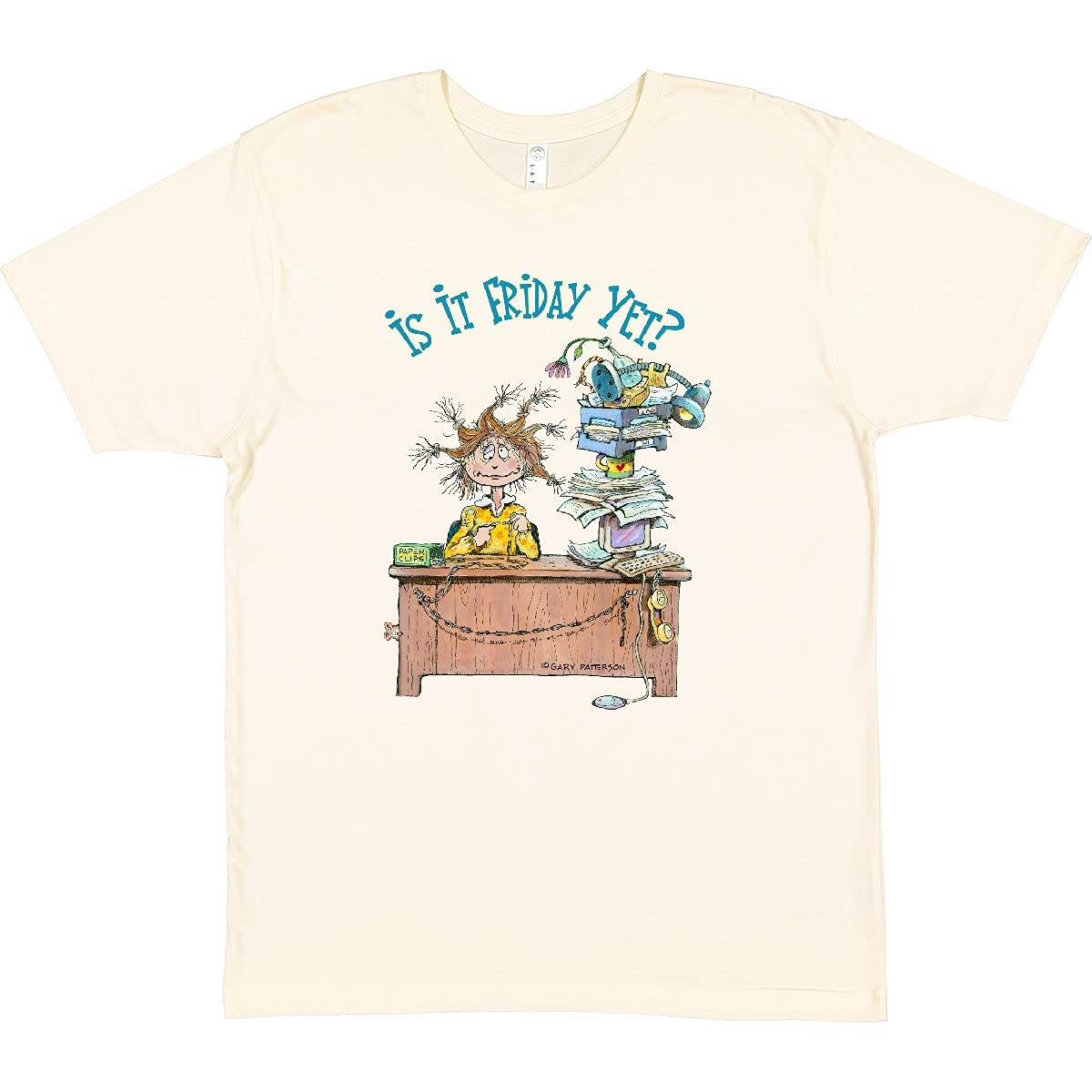 Inktastic 'Is It Friday Yet?' Funny Frazzled Woman at Desk Graphic T-Shirt - Gary Patterson Design | Comfortable Casual Tee for Office Workers, Weekend Wear & Relaxing at Home