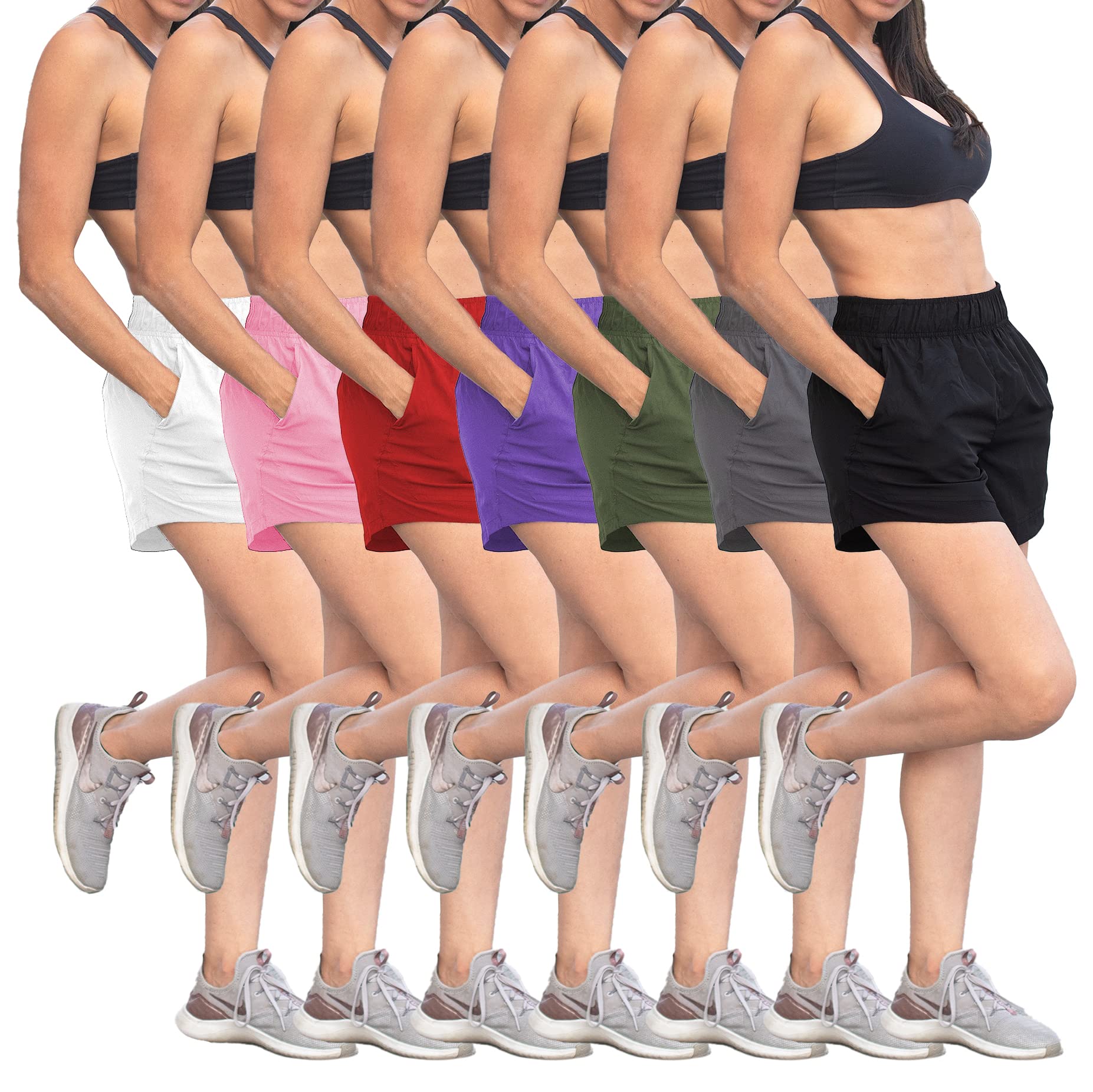 Sexy Basics Women's 7 Pack Running Shorts - Quick Dry Athletic Gym Shorts with Pockets for Workout, Yoga & Lounge | Comfortable High Waisted Sports Shorts for Women