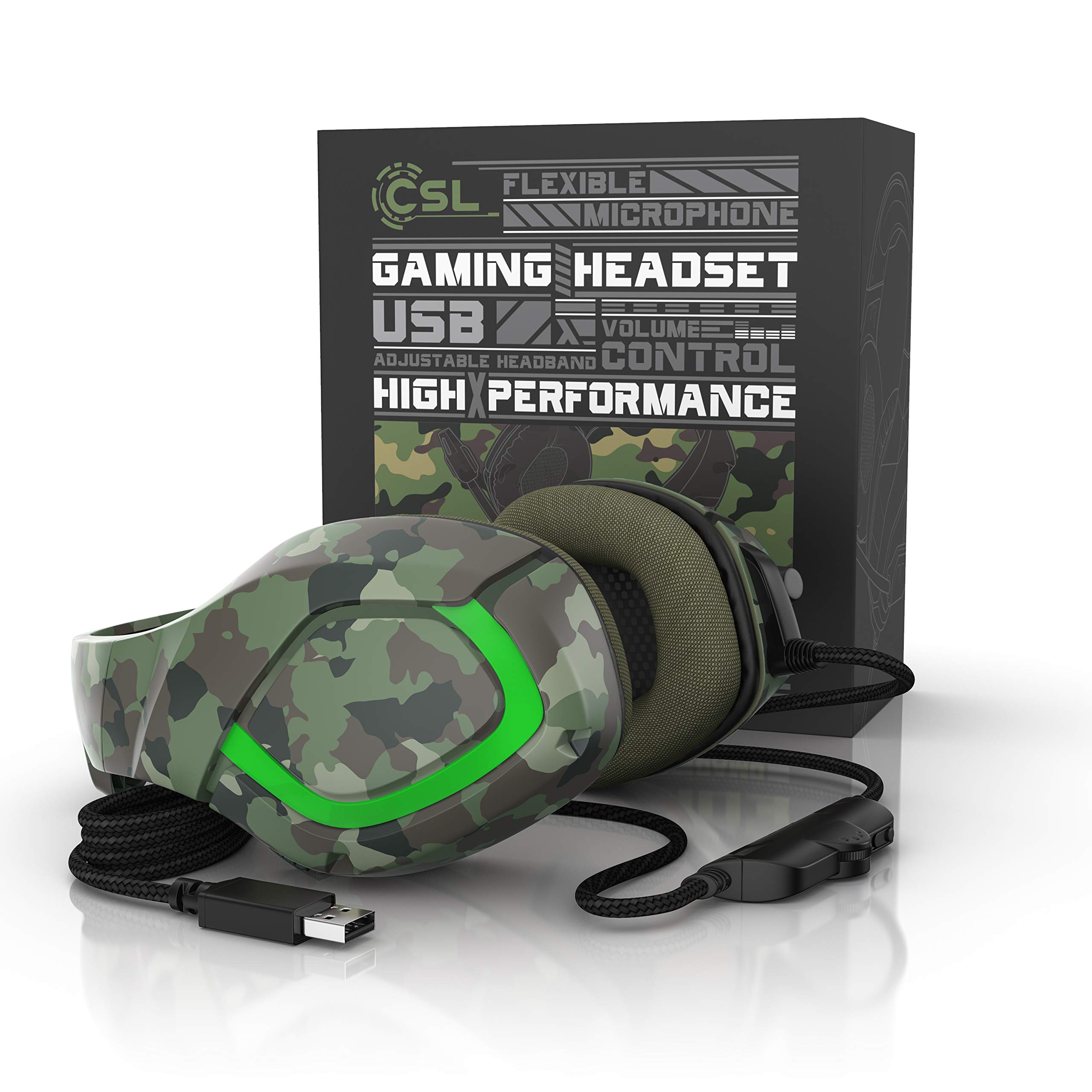 CSL Wired Gaming Headset with Microphone - Over-Ear Noise Cancelling Headphones, USB Plug & Play for PC, Laptop, PS5, Xbox - Perfect for FPS Games & Online Chat (Camouflage Design)