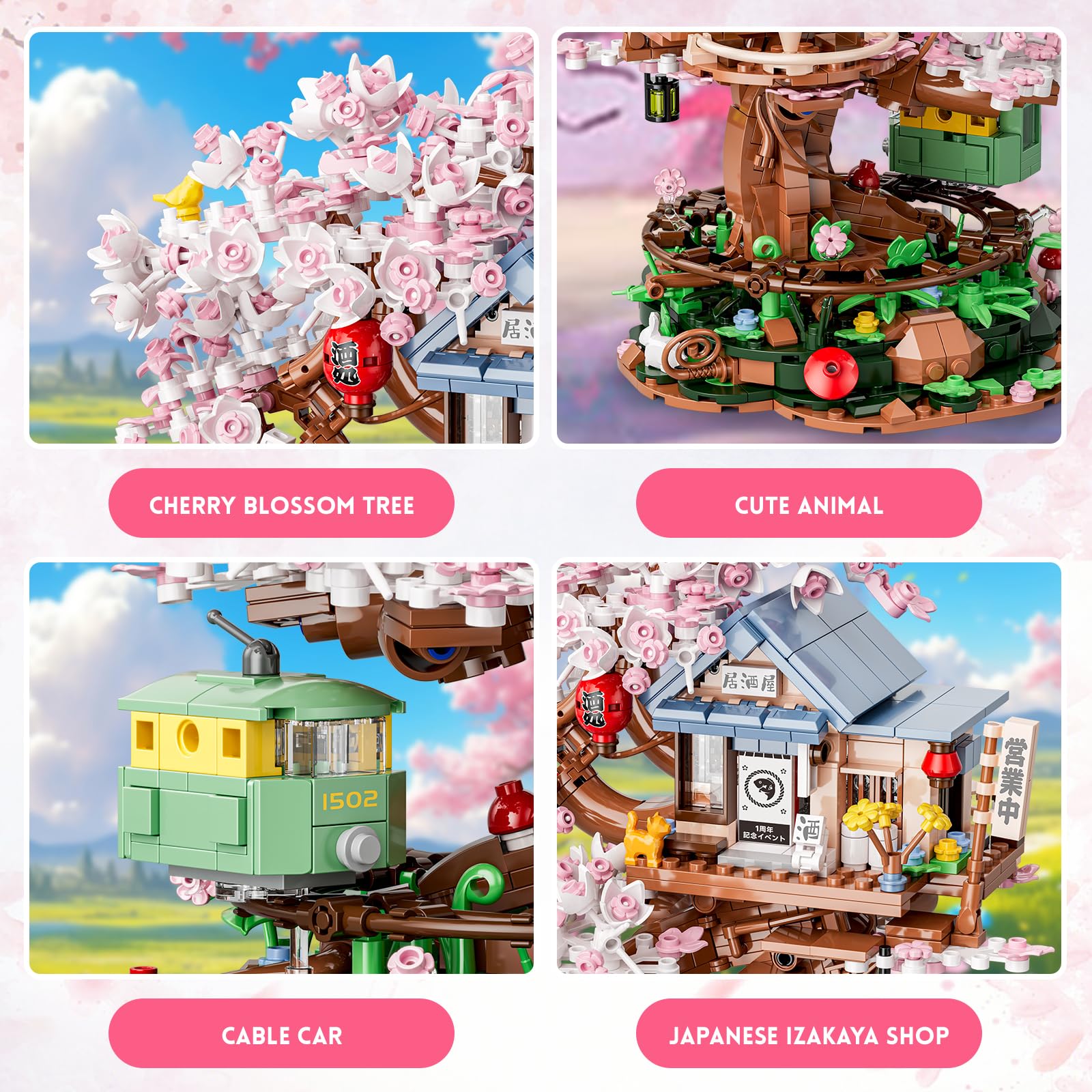 Cherry Blossom Treehouse Building Blocks Set - 1098 PCS Creative Architecture Toy for Kids Ages 8-12 | Compatible with Lego Friends | Japanese Style Flower House & Izakaya Shop with LED Lights | Perfect Gift for Girls & Adults | Great for Birthday Presents, STEM Learning & Family Bonding Activities