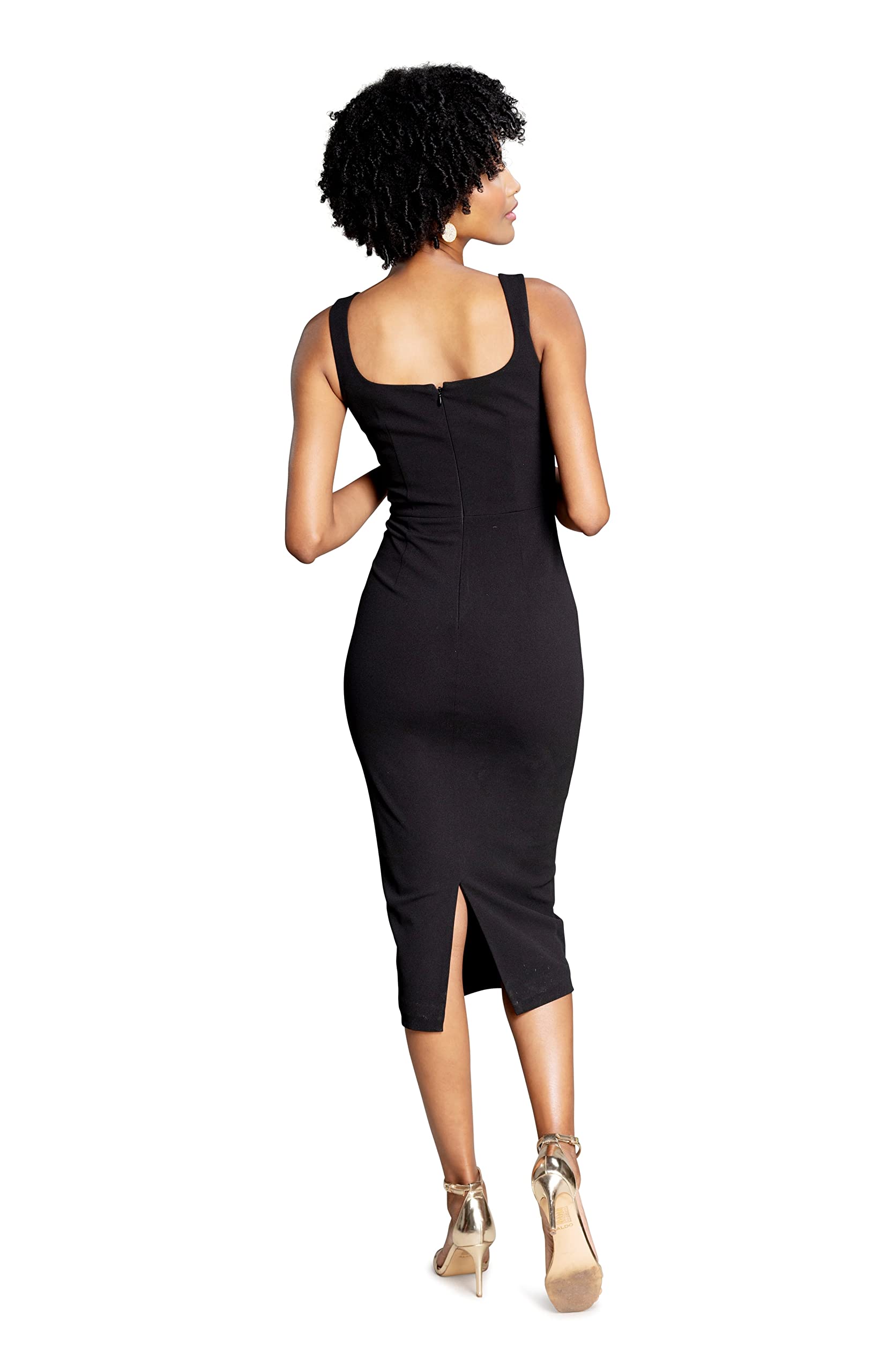 Dress the Population Women's Sloane Rounded V-Neck Bodycon Midi Dress - Elegant Slim Fit Cocktail Party & Evening Wear for Women
