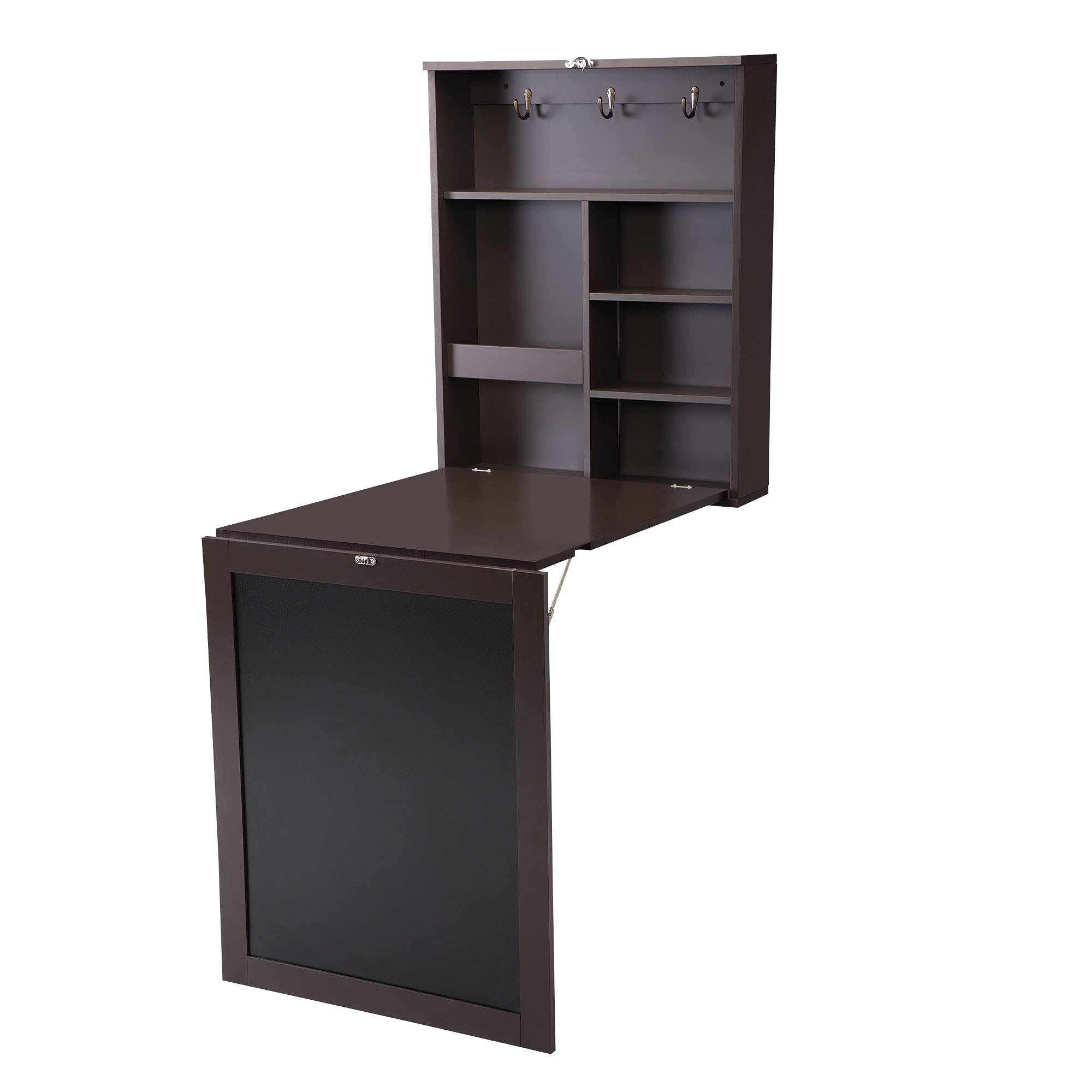 Foldable Wall Mounted Desk with Storage Cabinet & Blackboard - Modern Floating Folding Workstation for Home Office, Living Room - Space Saving Laptop Desk with Compartments (Brown) - Perfect for Small Spaces, Apartments & Dorm Rooms