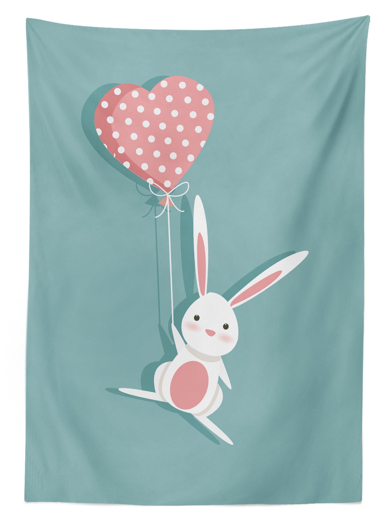 Cute Bunny Holding Heart Balloon Outdoor Tablecloth - Washable Picnic Table Cover 58x120 Inches - Coral Seafoam White Dots Design - Perfect for Romantic Dates, Garden Parties & Outdoor Dining