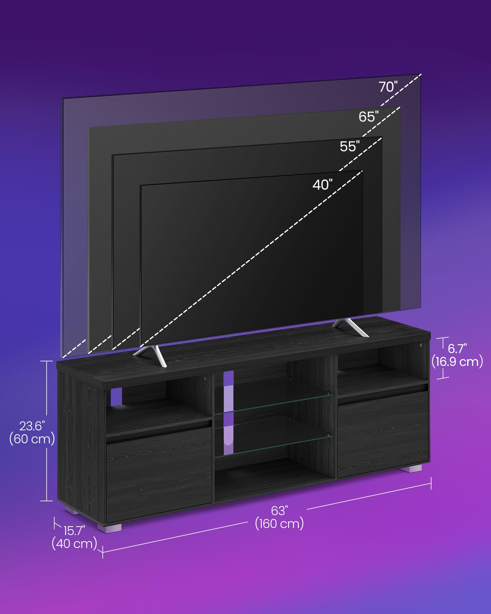 VASAGLE 63-Inch TV Stand with LED Lights for 70 Inch TVs, Modern Entertainment Center with Open Glass Shelves & 2 Storage Cabinets - Black ULTV330T21 | Perfect for Living Room, Bedroom & Home Theater Setup