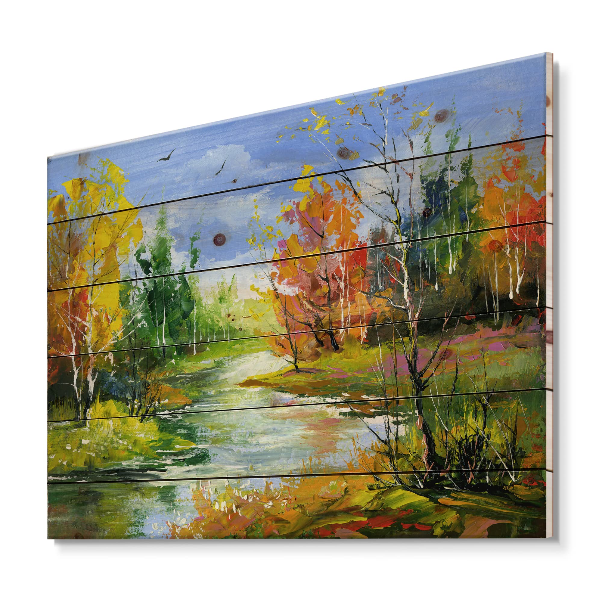 Autumn Landscape Wood Wall Decor - Wood River Lake House Art Panel, Large Green Nature Scenery Printed on Natural Pine Wood - Perfect for Living Room, Bedroom & Office Decoration