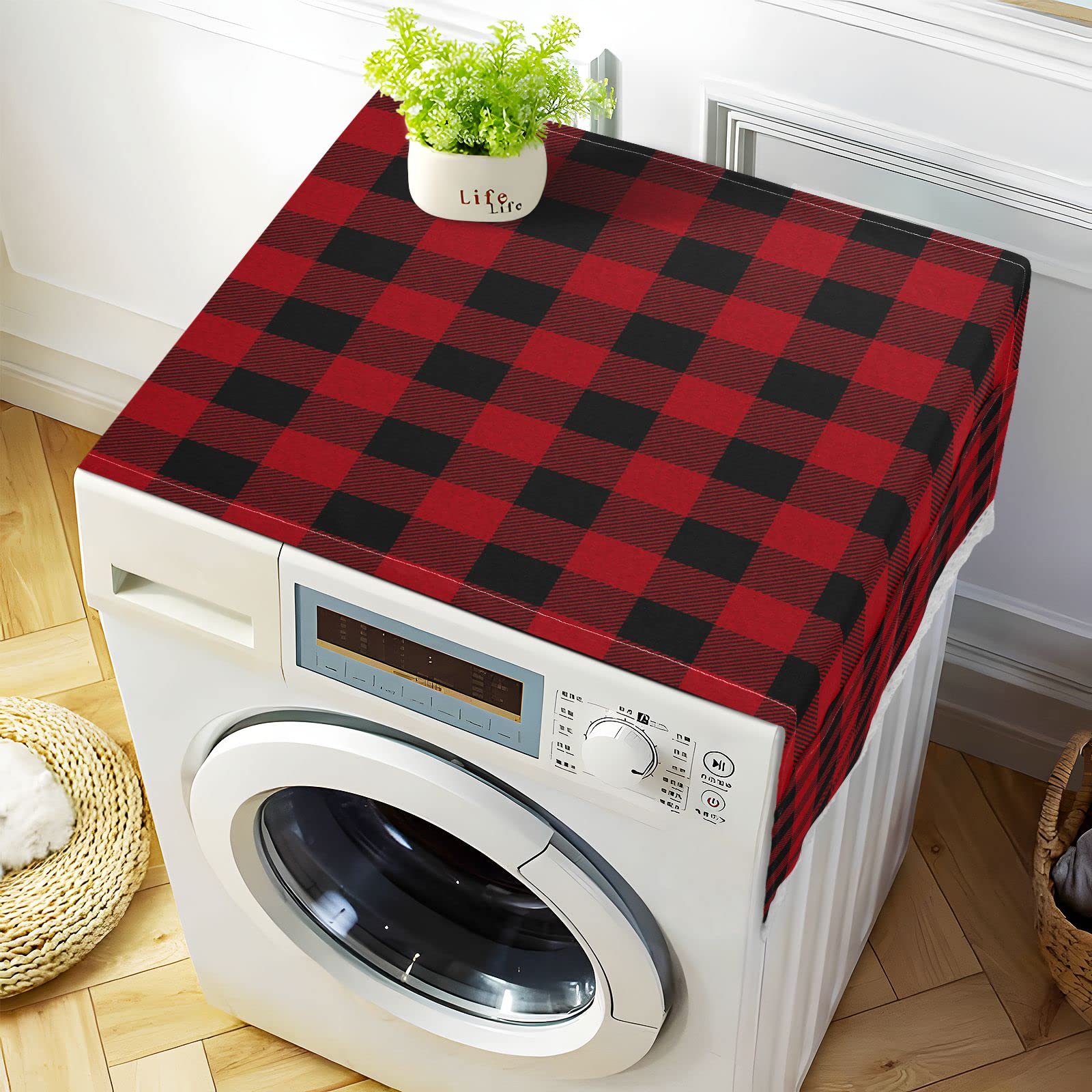 Red Black Plaid Geometric Washing Machine Cover - 51''x22'' Non-Slip Washer Dryer Top Cover Mat, Waterproof Dust Proof for Front Load Appliances with 4 Storage Bags - Perfect for Laundry Room, Basement & Home Decor Protection