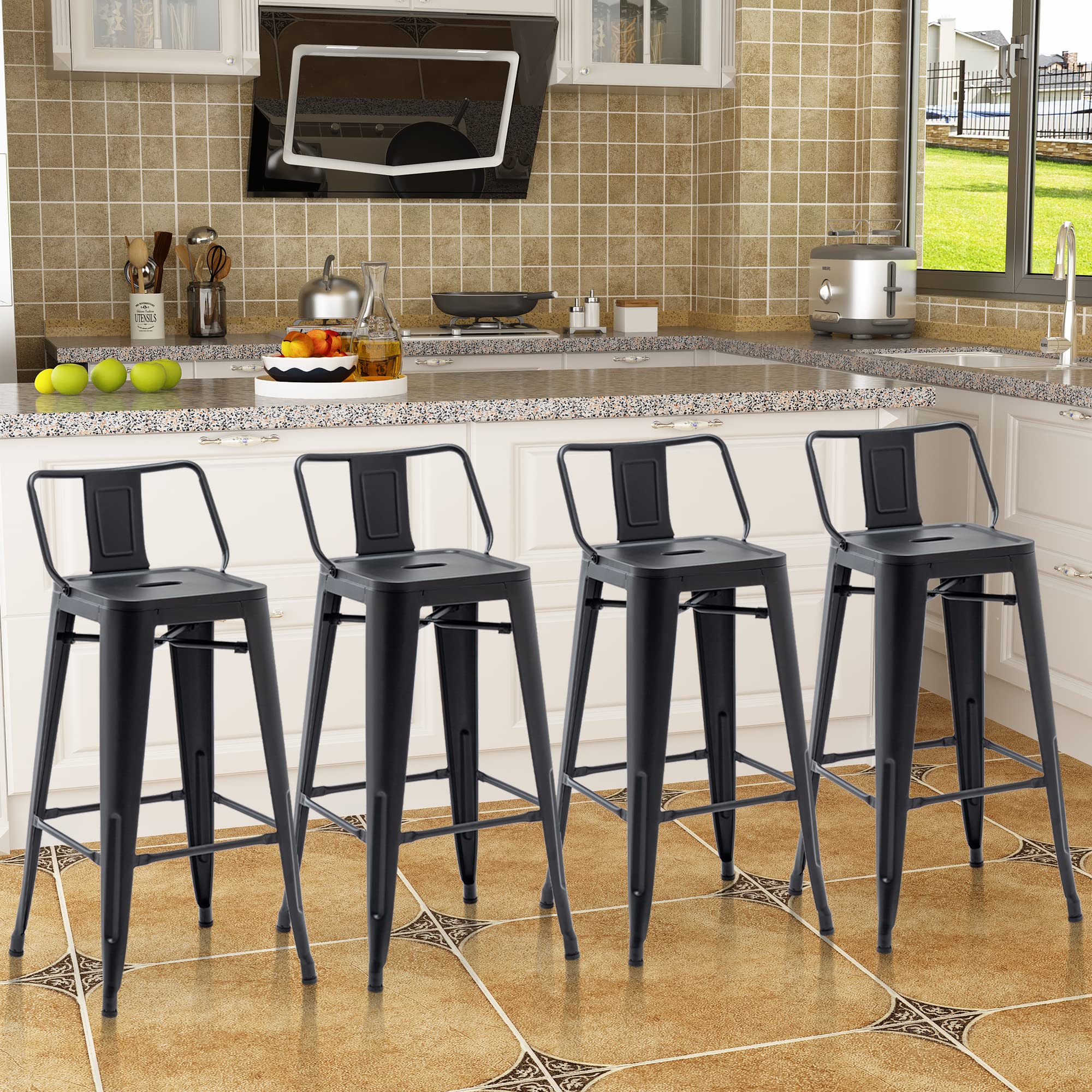 Aklaus 30 Inch Heavy Duty Metal Bar Stools with Backs - Set of 4 Matte Black Counter Height Stools for Kitchen, Bar & Outdoor Use - Durable Bar Chairs for Home, Restaurant & Patio