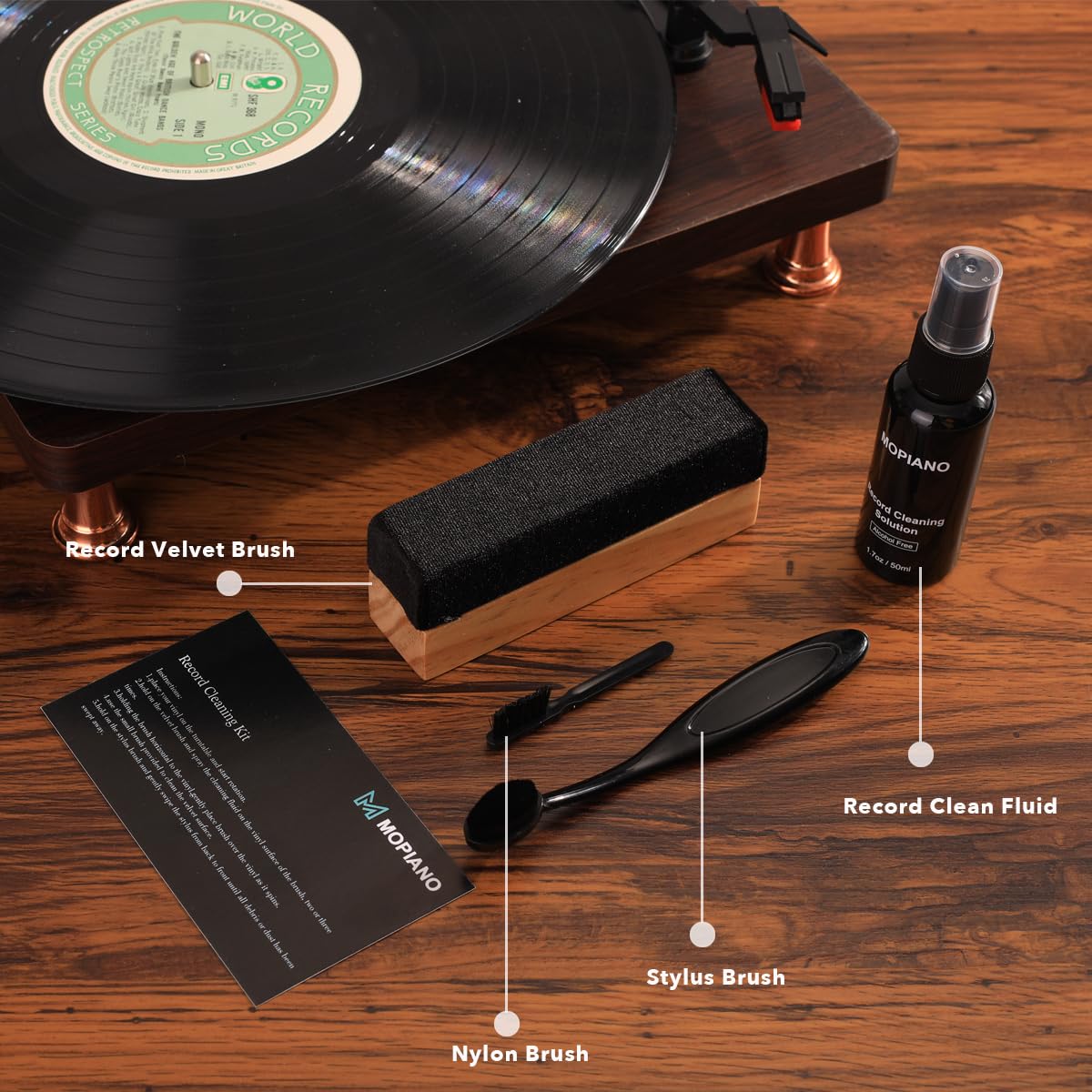 Premium Vinyl Record Cleaning Kit - 4-in-1 Complete LP Cleaner Set with Soft Velvet Brush, Cleaning Fluid, Stylus Brush & Nylon Brush | Perfect for Record Collectors & Audiophiles | Home Studio & DJ Equipment Maintenance
