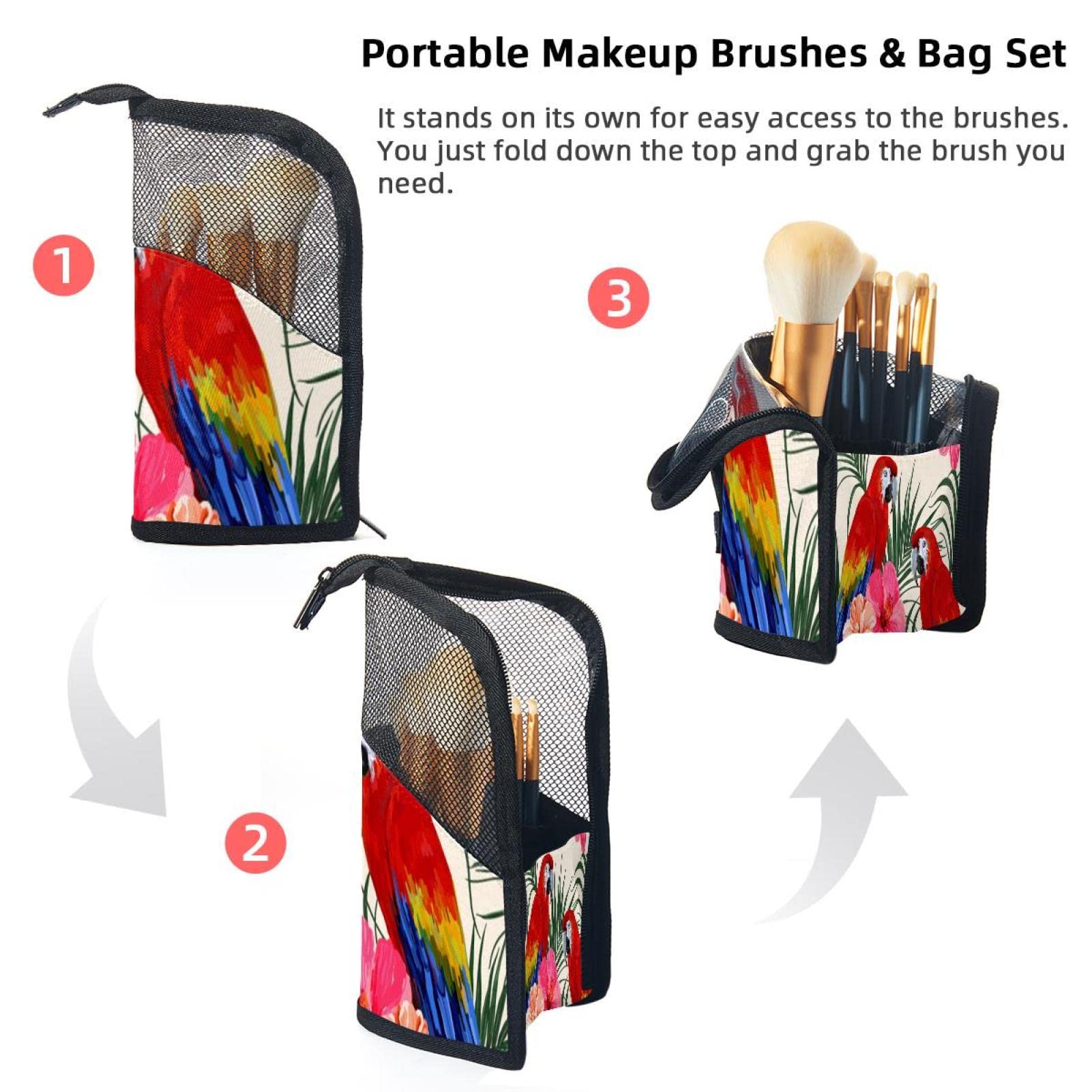 Floral Tropical Makeup Brush Organizer Bag with 12 Slots - Portable Cosmetic Brush Holder Case for Travel - Perfect for Makeup Artists & Beauty Enthusiasts (Palm Leaves & Parrot Design)