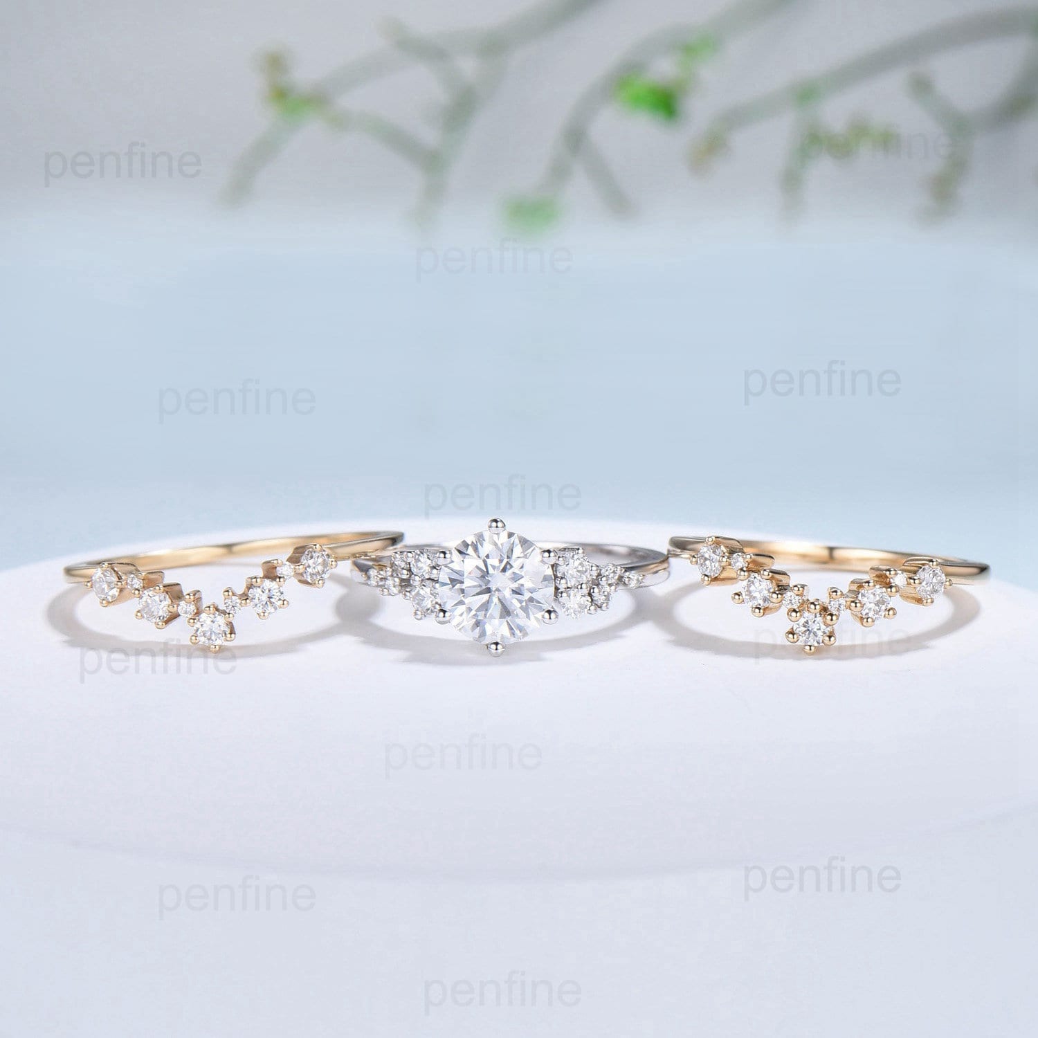 7mm Round Brilliant Moissanite Engagement Ring Set with Snowdrift Lab-Grown Diamonds - 3-Piece Wedding Ring Set for Women - Unique Bridal Jewelry for Proposals, Anniversaries & Special Occasions