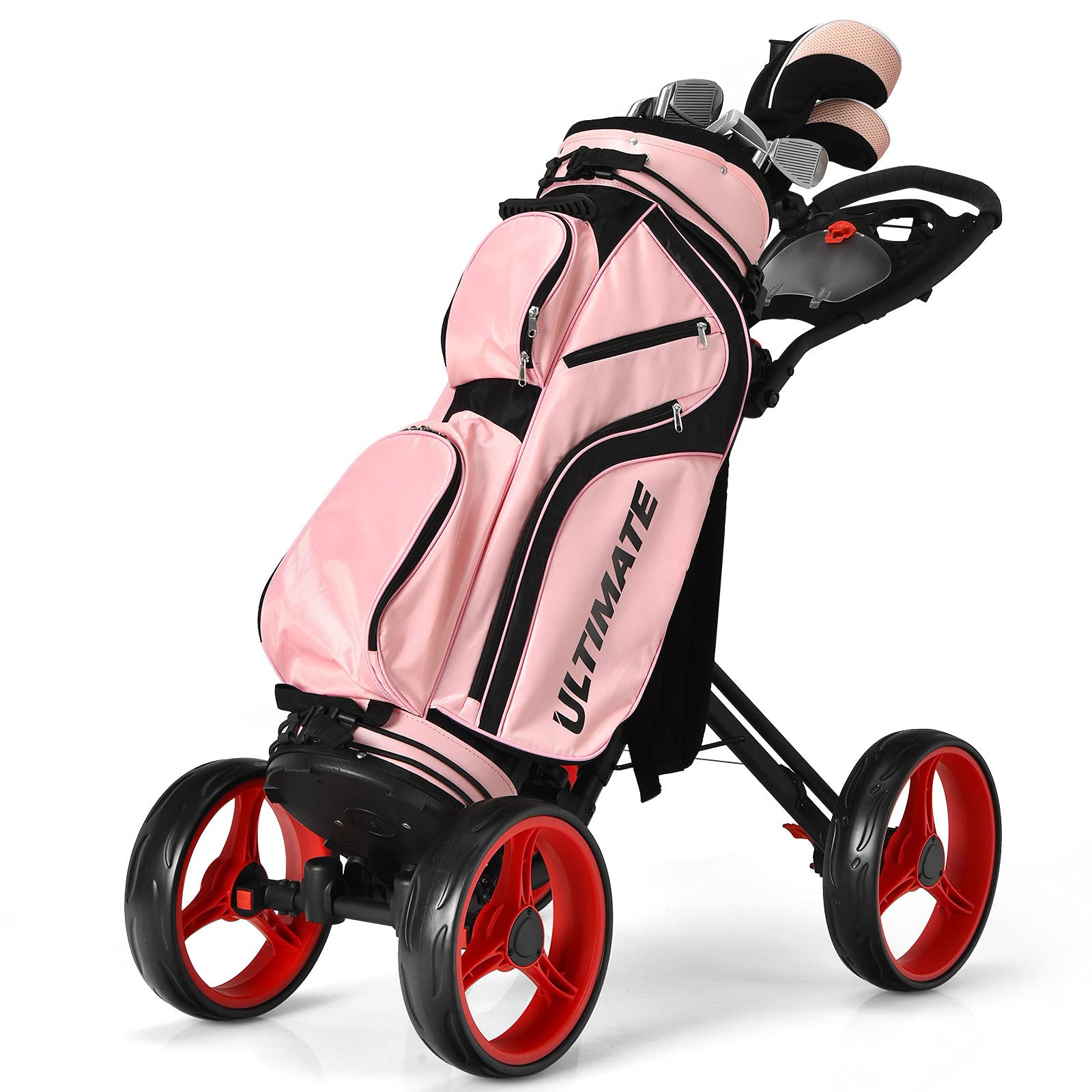 Tangkula Lightweight Aluminum Golf Push Pull Cart - 4-Wheel Collapsible Golf Trolley with Upper/Lower Bracket, Umbrella Holder, Cup Holder & Foot Brake - Perfect for Golf Course, Driving Range & Outdoor Practice