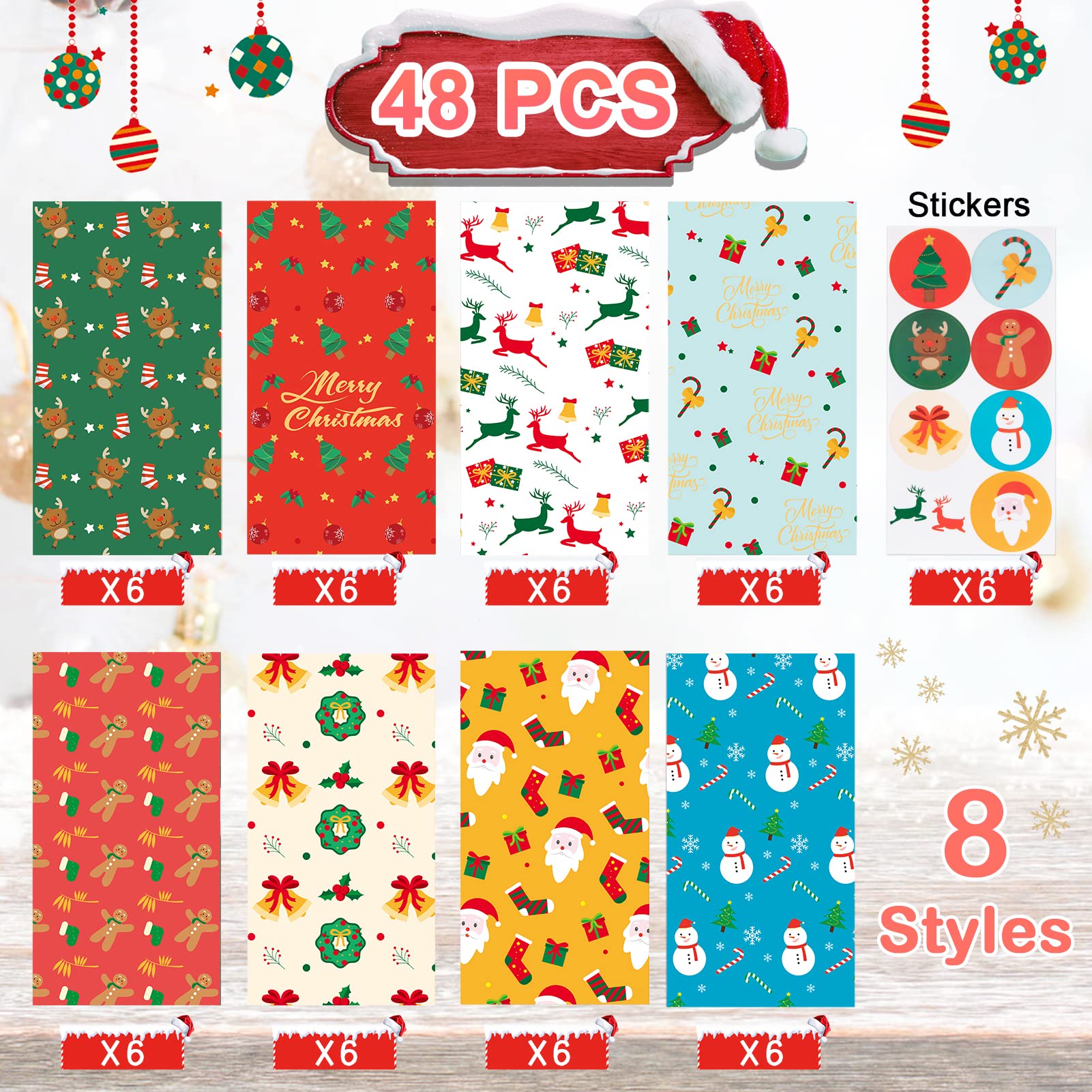 DECORLIFE Christmas Goodie Bags - 48 PCS Holiday Treat Bags with Stickers, Assorted Xmas Party Gift Bags for Kids (8 Festive Designs) - Perfect for Classroom Gifts, Stocking Stuffers & Holiday Celebrations