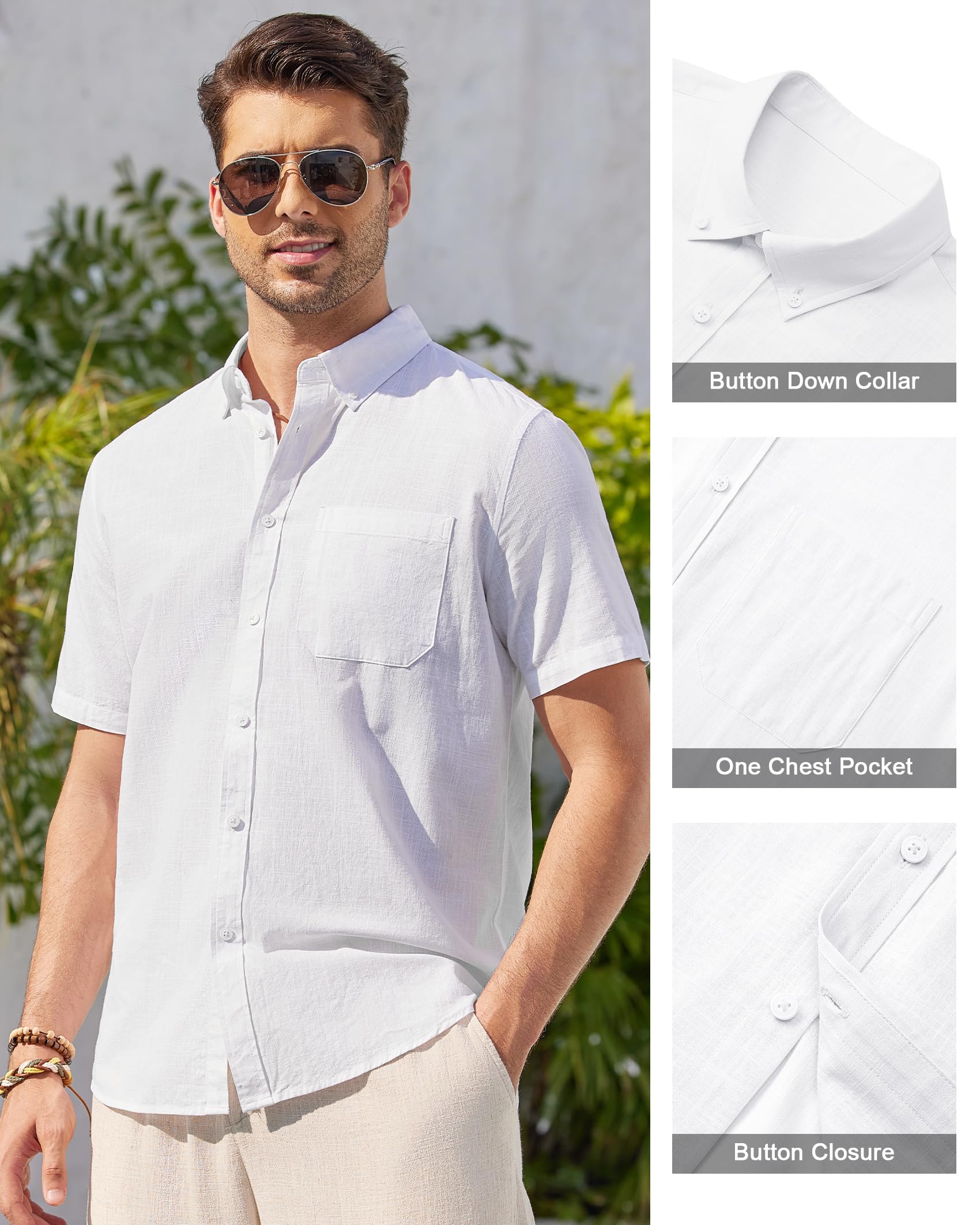 Men's Linen Shirt Short Sleeve - Breathable Cotton Button Down Casual Shirt with Collar | Perfect for Summer, Beach, Travel & Outdoor Activities