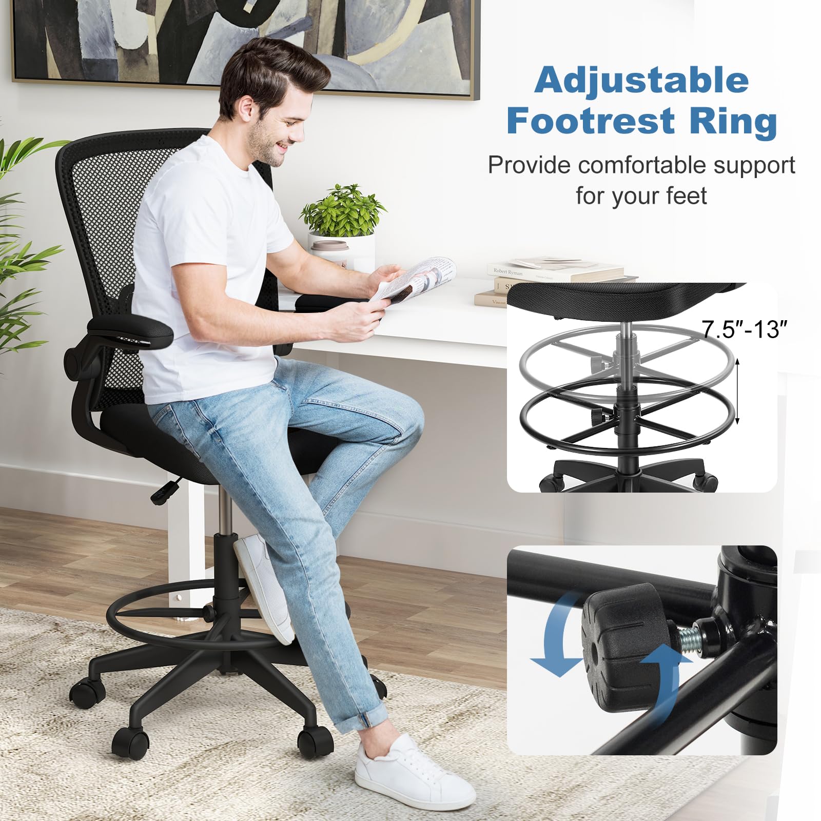 HAPPYGRILL Adjustable Height Drafting Chair with Armrests, Footrest & Lumbar Support - Ergonomic Standing Desk Chair for Home Office, Computer Work & Creative Studios (Black)