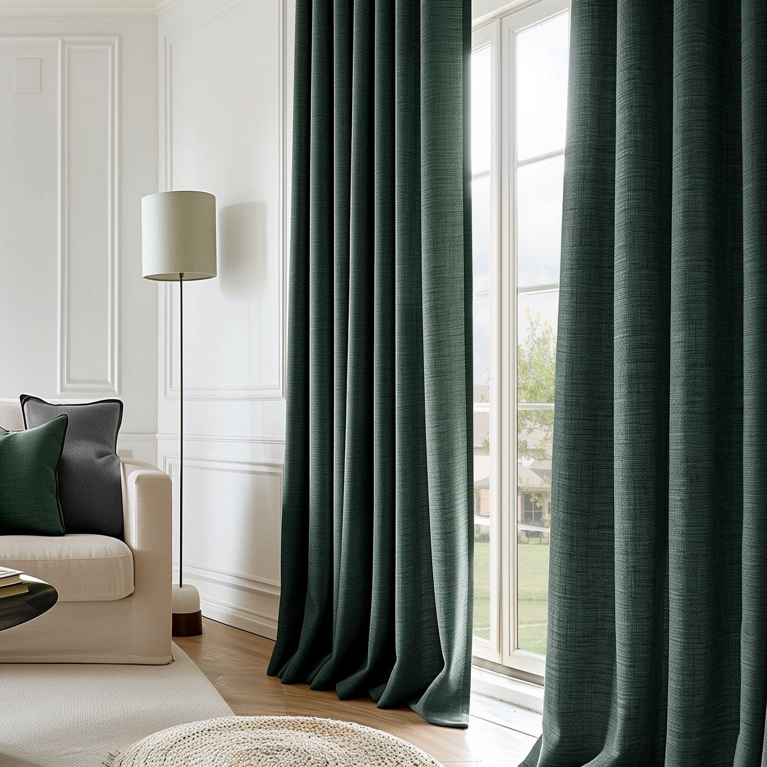 Focal Green Textured Faux Linen Custom Curtains - Elegant Window Treatments for Living Room, Bedroom & Home Decor