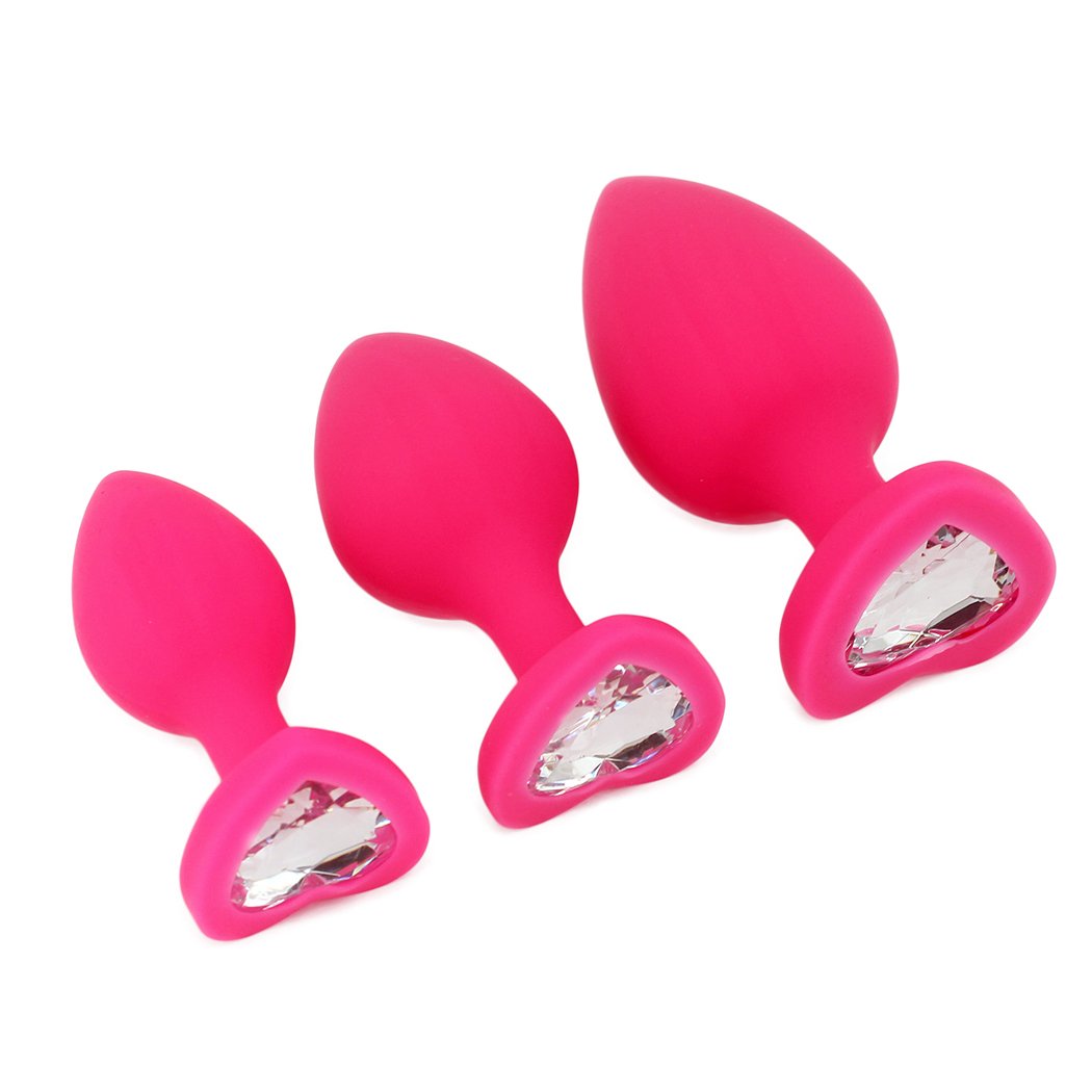3PCS Anal Sex Trainer Kit - Heart Shaped Silicone Jeweled Butt Plugs for Beginners (Pink) | Comfortable & Safe Anal Play for Couples & Solo Use | Perfect for BDSM, Foreplay & Adult Intimacy