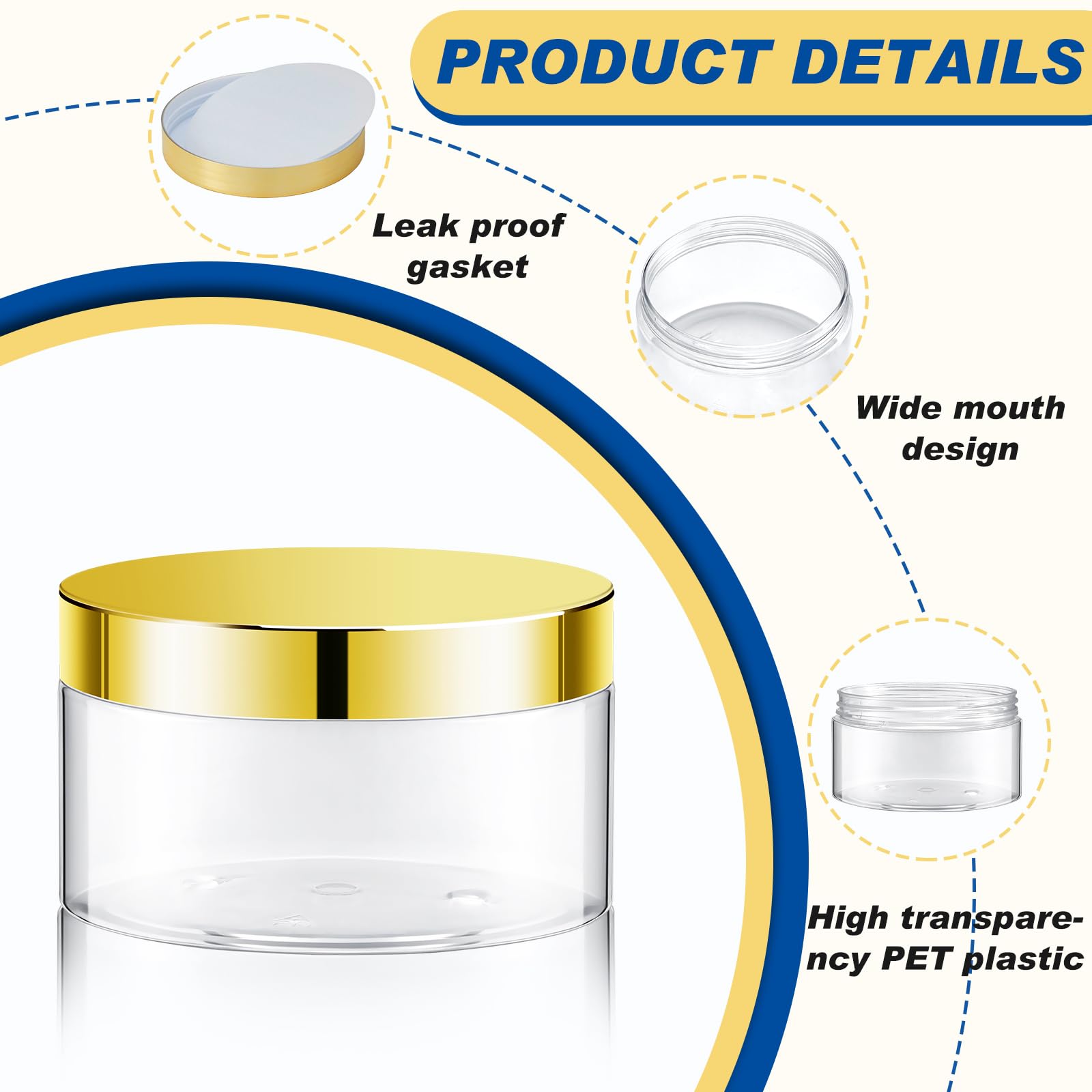 24-Pack 8 oz Clear Plastic Jars with Gold Lids - PET Leak-Proof Cosmetic Containers for Lotion, Cream, Gel & Powder - Refillable Travel Storage Jars with Labels - Perfect for DIY Beauty Products, Travel Toiletries & Home Organization