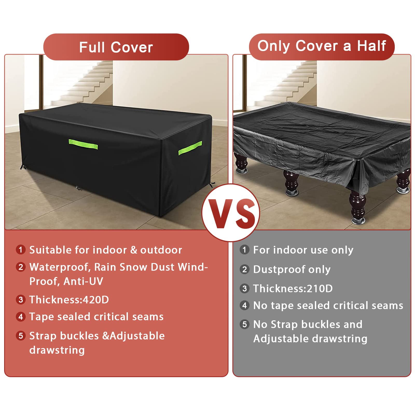 GEMITTO Waterproof Pool Table Cover with Handles, Buckles & Drawstring - Fits 7/8/9 FT Indoor/Outdoor Billiard & Snooker Tables (102x53x32 Inches, Black) - Perfect for Home Game Rooms, Bars & Outdoor Pool Table Protection