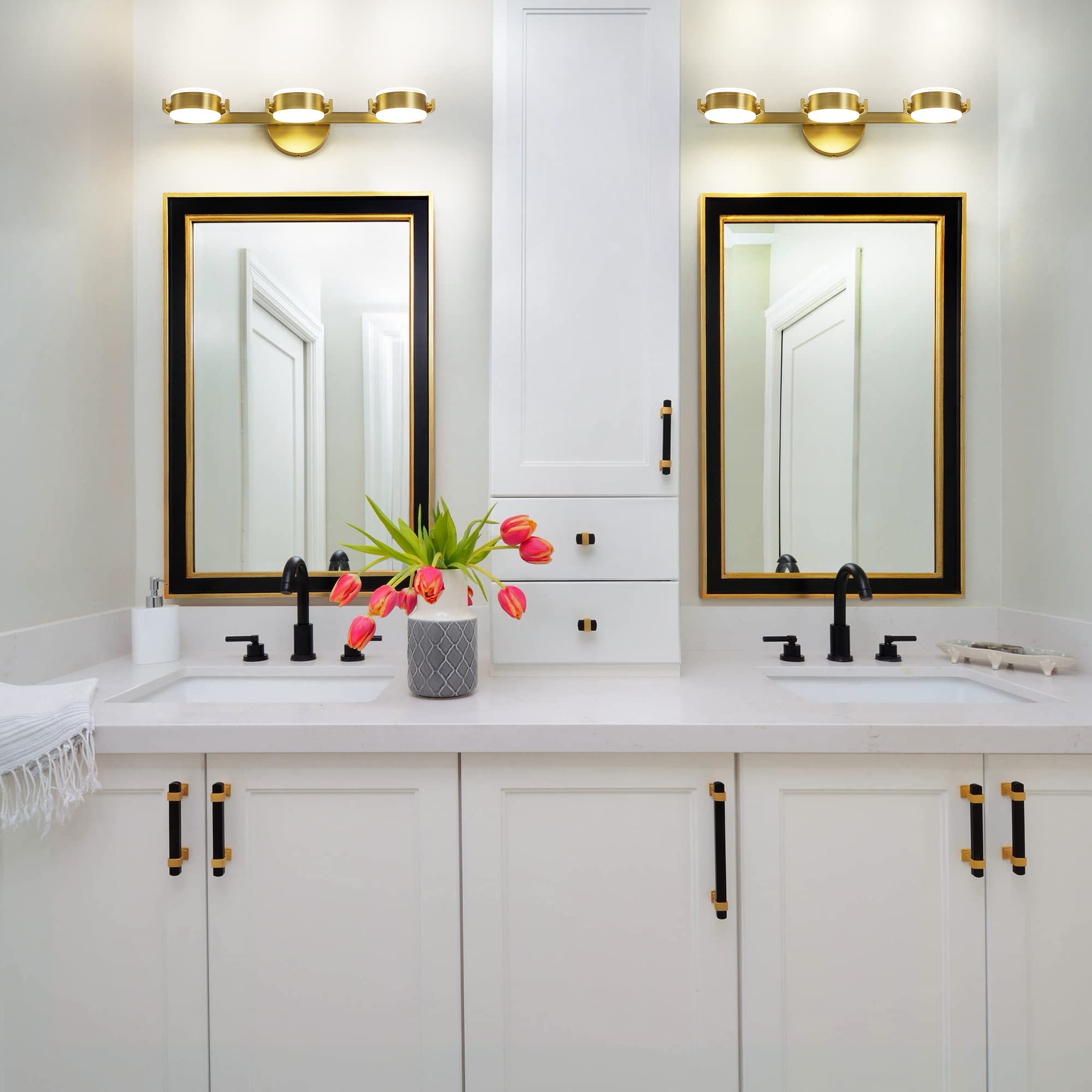 Brushed Gold 3-Light LED Vanity Mirror Lighting - 360° Rotatable 30W Dimmable Wall Mount Fixture (4000K) for Bathroom, Bedroom & Living Room | Modern Vanity Lights for Makeup, Shaving & Home Decor