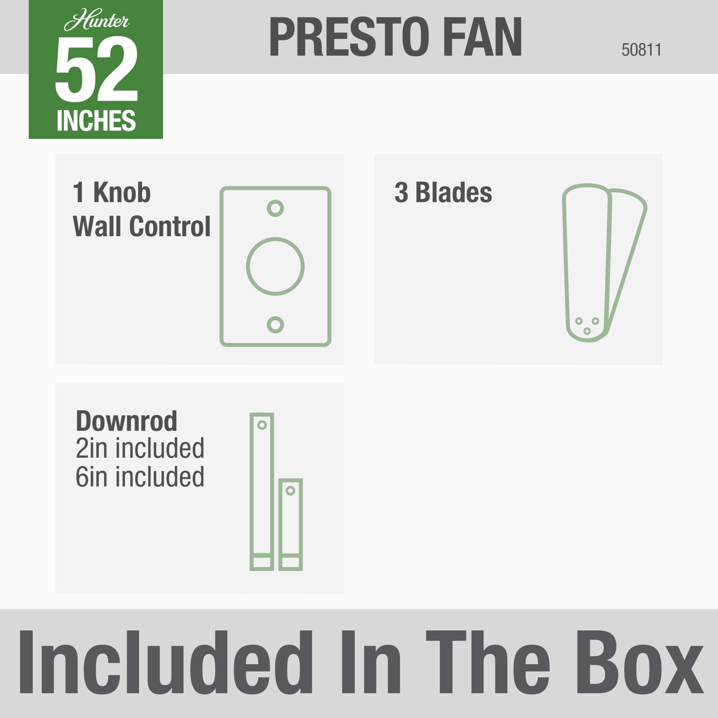 Hunter 50811 Presto 52-Inch Indoor Ceiling Fan with Light Kit, Matte White Finish - Perfect for Living Room, Bedroom, and Home Office Cooling