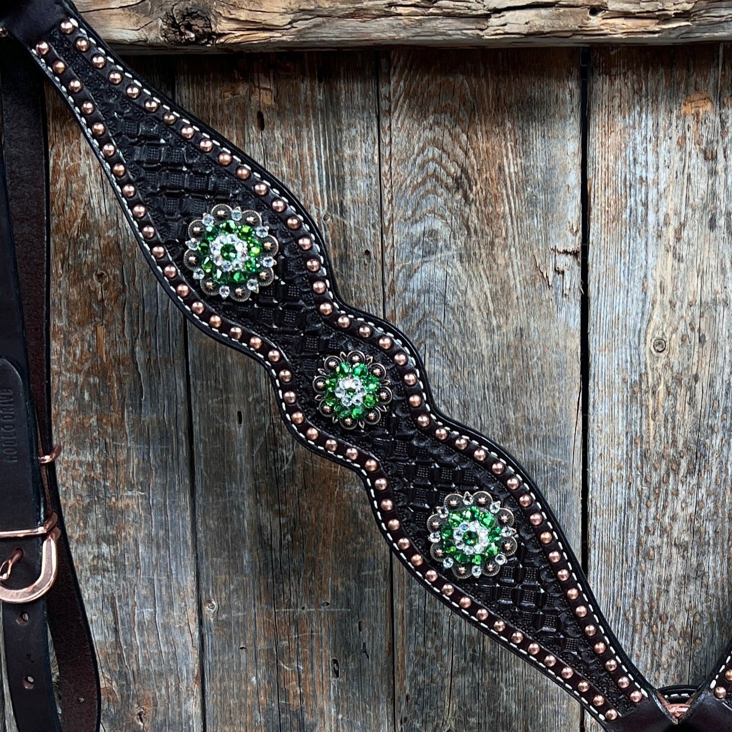 Premium Dark Oil Honeycomb Copper Dot & Fern Browband and Breastcollar Tack Set #BBBC611 – Perfect for Equestrian Shows, Dressage, and Western Riding