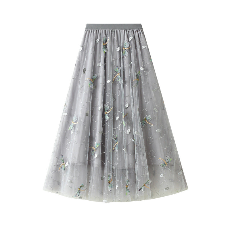 3D Embroidered Dragonfly Mesh Skirt - French High Waist A-Line Skirt for Women | Elegant Summer Party Dress for Weddings, Dates & Special Occasions