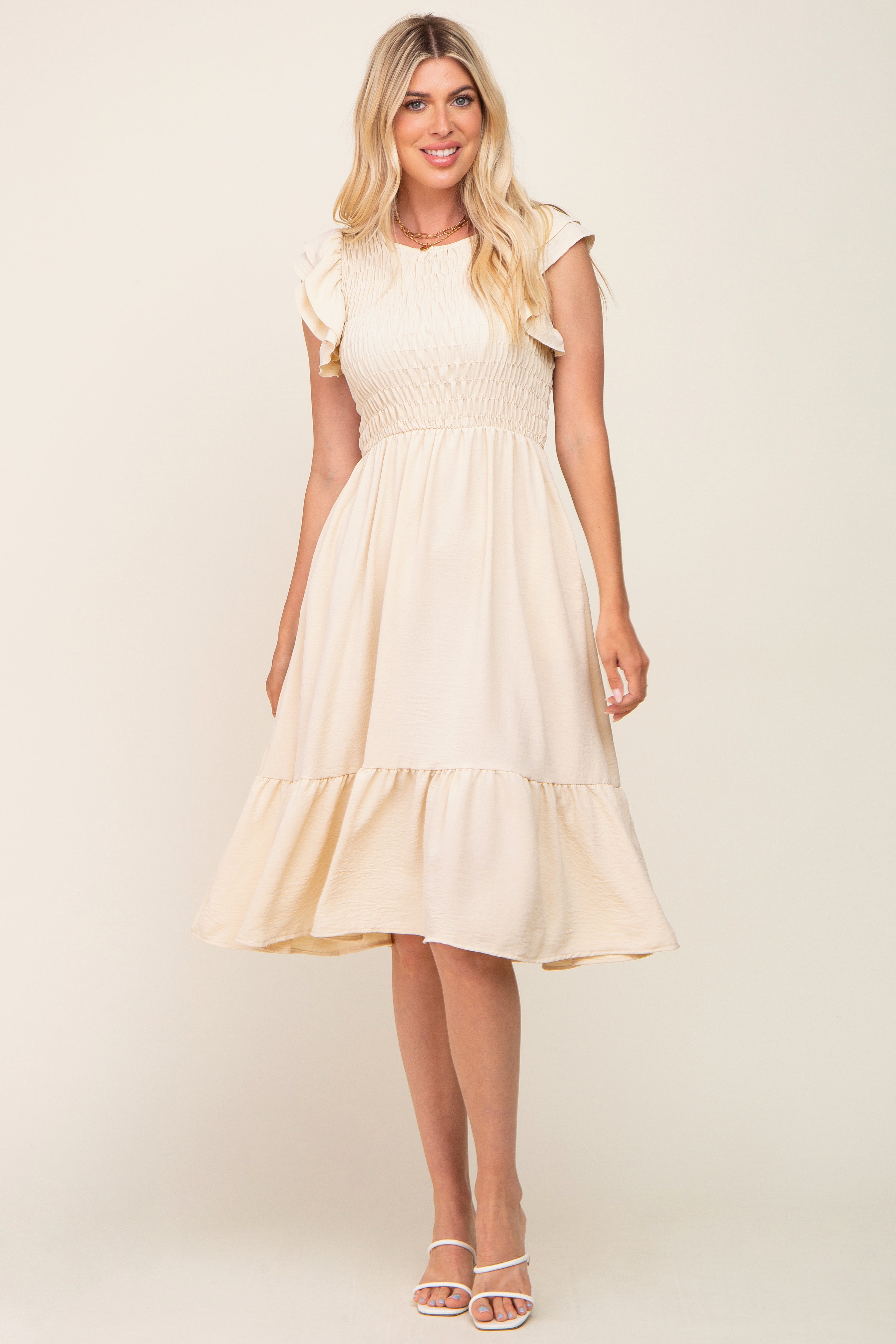 Beige Smocked Layered Ruffle Flutter Sleeve Midi Dress for Women | Summer Boho Chic Party Dress | Perfect for Beach Vacations, Weddings & Date Nights
