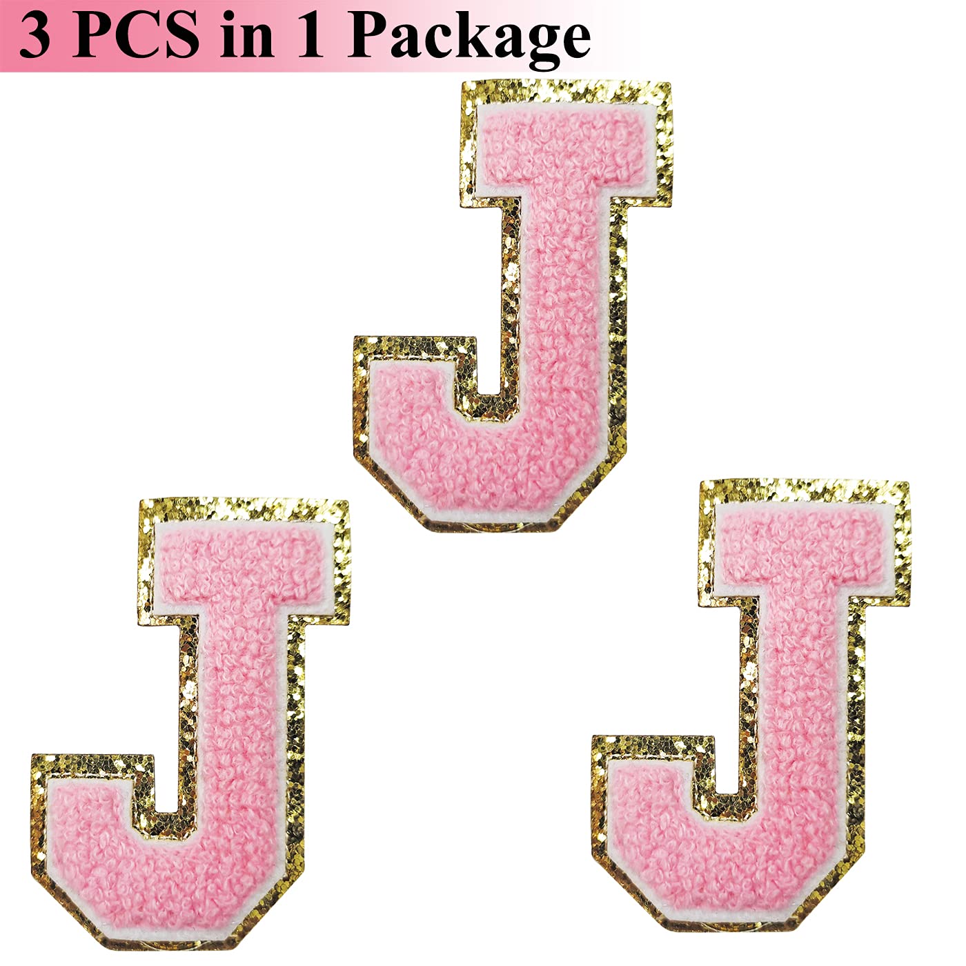 3 PCS Gold Glitter & Pink Chenille Iron-On Letter Patches - Varsity Initials for Team Costumes (3.1in Height) | DIY Jacket, Backpack & Denim Decoration | Adhesive Sticker for Personalized Clothing & Accessories