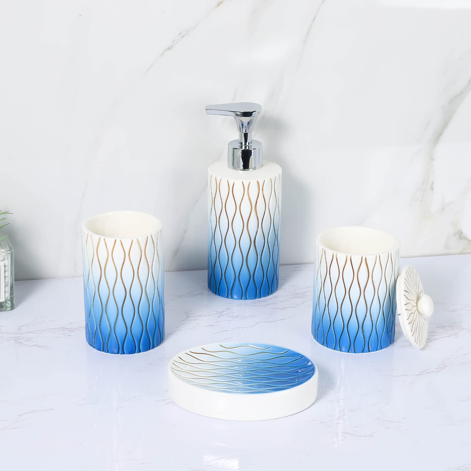Navy Blue Ceramic Bathroom Accessories Set - 4 Piece Hand-Carved Boho Decor with Toothbrush Holder & Soap Dispenser | Modern Apartment Essentials for Bathroom Organization & Stylish Home Decor