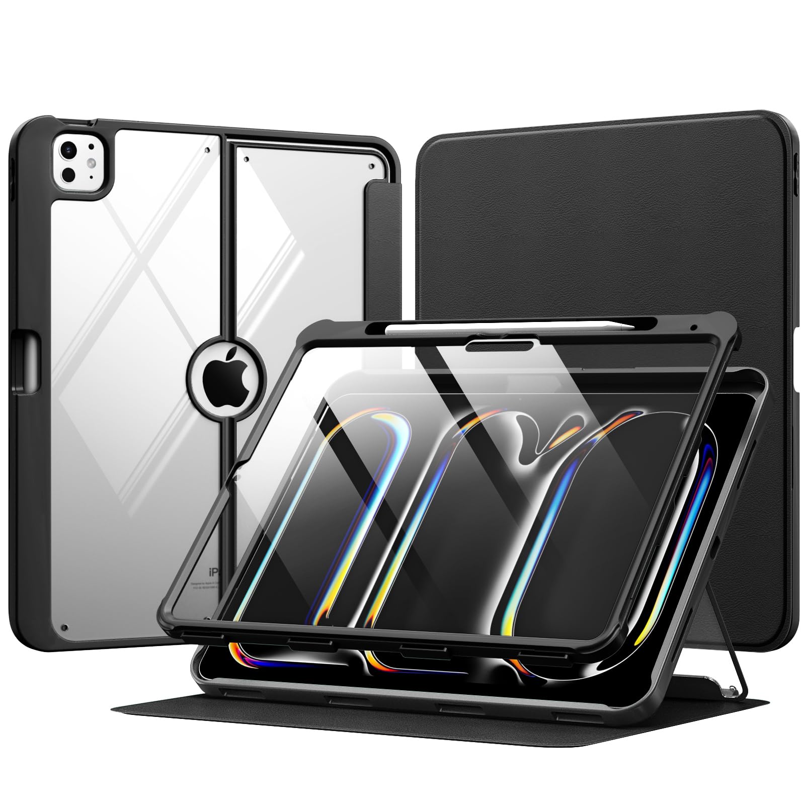 MoKo iPad Pro 13 Inch Case 2024 M4 (7th Generation) with Pencil Holder - Built-in Screen Protector, Clear Back Cover & Magnetic Multi-Angle Stand - Protective Case for iPad Pro 13 M4 (Perfect for Work, Study, and Travel) - Black