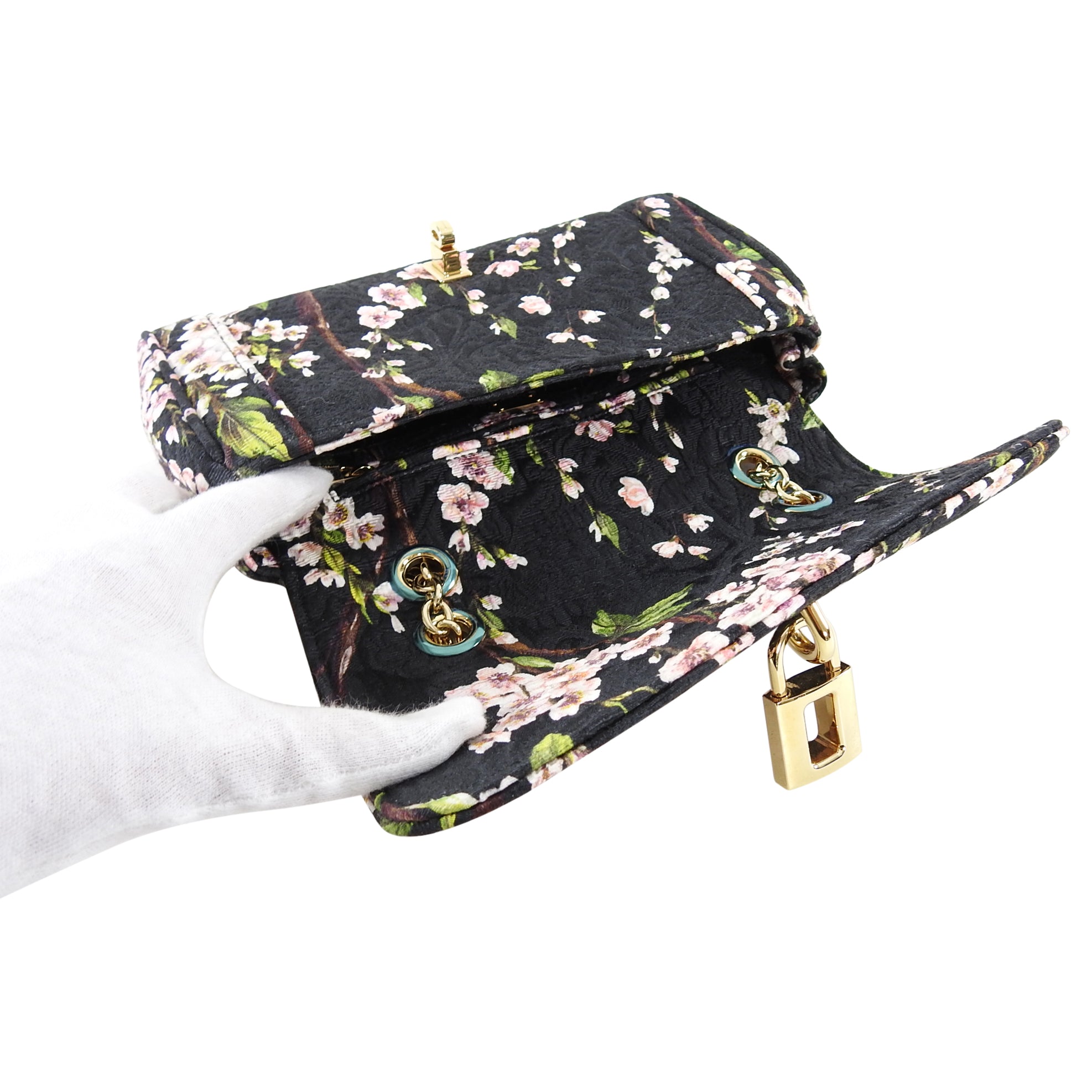 Dolce & Gabbana Women's Floral Jacquard Lock Flap Shoulder Bag - Elegant Crossbody Purse for Date Night & Special Occasions
