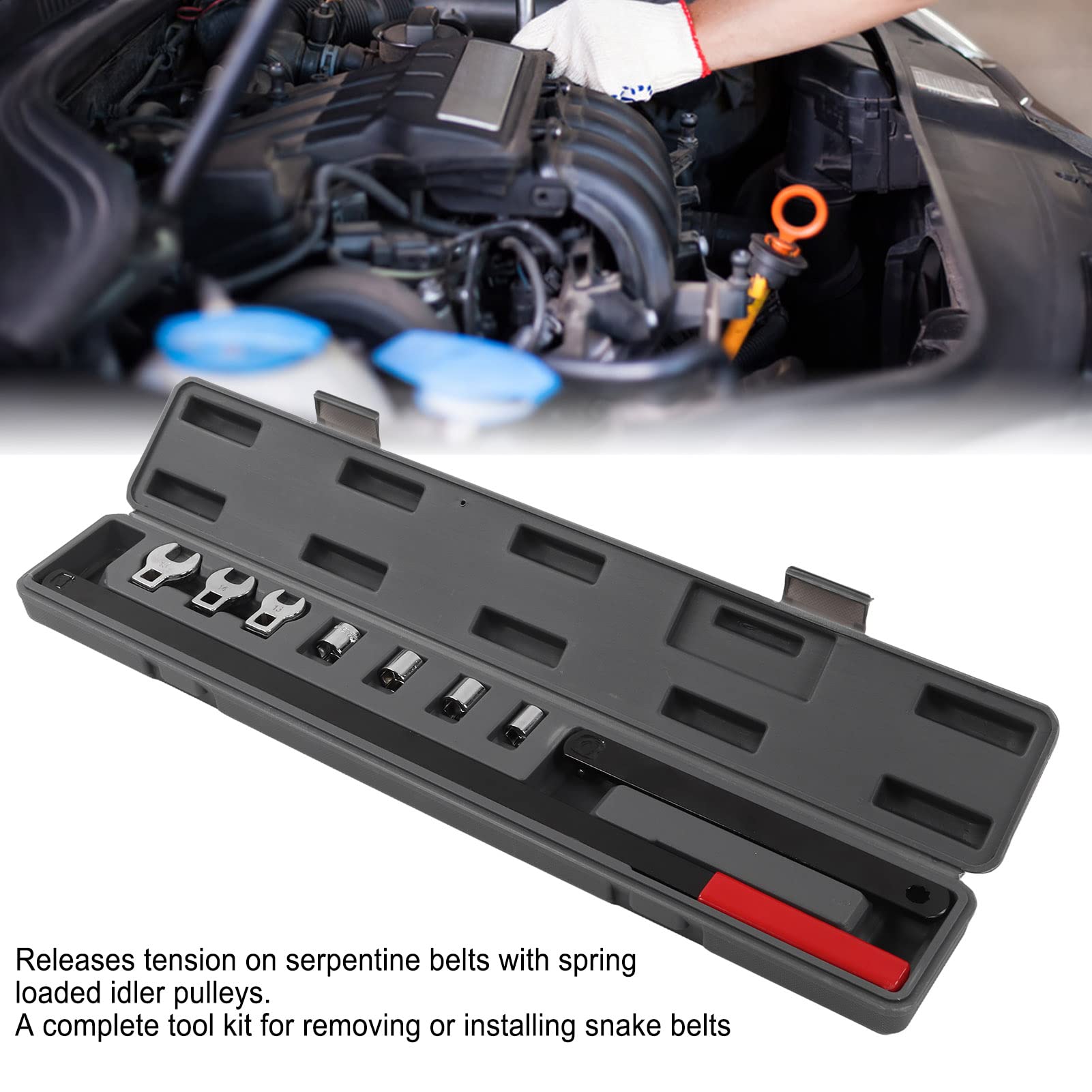 Qiilu Serpentine Belt Tool Set - 10Pcs Ratcheting Belt Tensioner Tool Kit with Drive Handle & Socket Wrench for Universal Auto Repair - Perfect for DIY Car Maintenance & Professional Mechanic Use