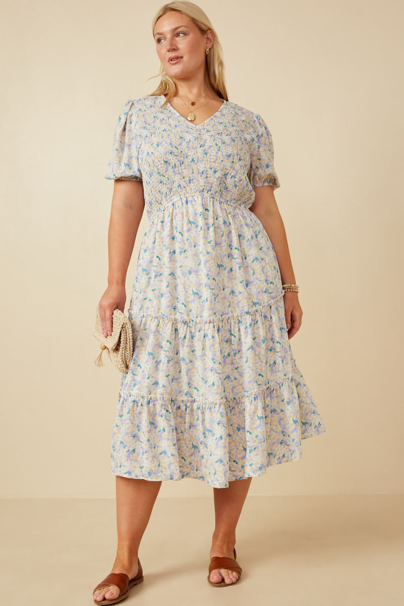 Women's Soft Floral Print V-Neck Smocked Dress - Casual Summer Midi Dress for Beach, Picnic & Date Night