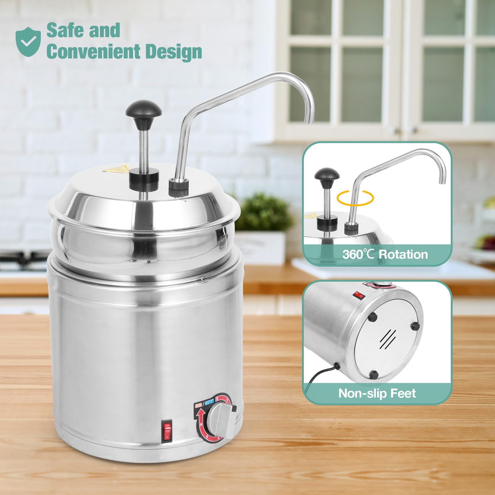 Commercial Electric Hot Fudge Dispenser with Temperature Control - 7QT Round Nacho Cheese Warmer with Stainless Steel Pot & Pump - Perfect for Buffets, Cake Shops, Restaurants & Home Kitchens - 110V/200W - Ideal for Melting Chocolate, Serving Cheese Fondue & Keeping Sauces Warm