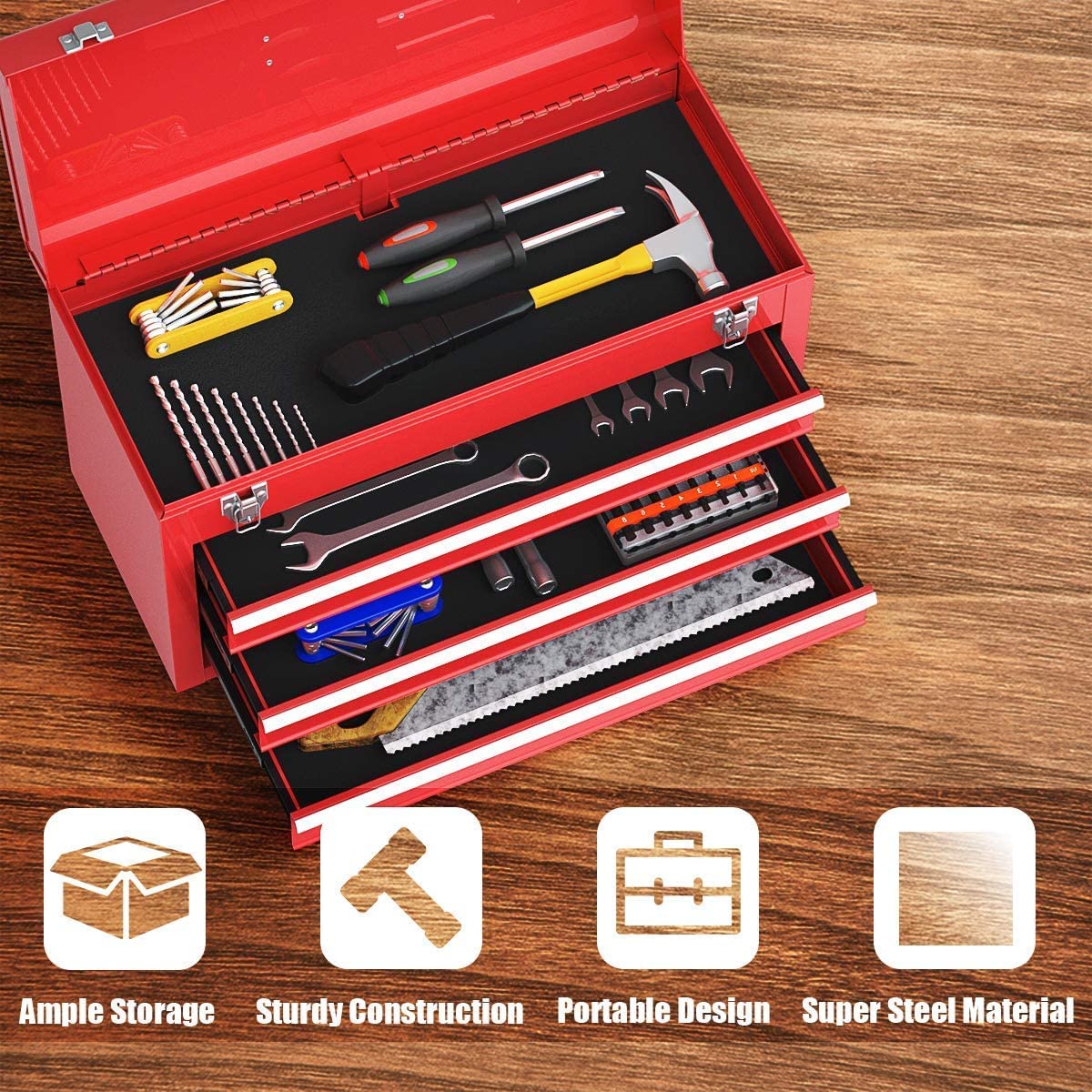 IRONMAX Lockable Steel Tool Chest with 3 Drawers & Top Tray - Heavy Duty Portable Tool Box for Home, Garage, Workshop & Job Site - Secure Storage for Tools & Equipment (Red)