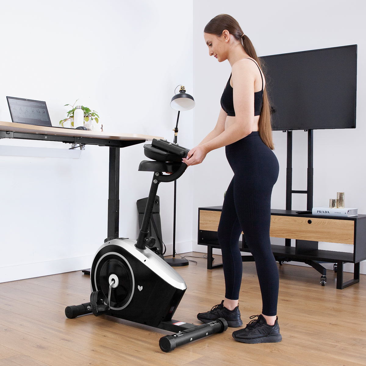 Cyclestation3 Exercise Bike with ErgoDesk Adjustable Standing Desk - 1500mm Oak Finish for Home Office & Fitness Workstation - Perfect for Multitasking, Remote Work & Cardio Workouts