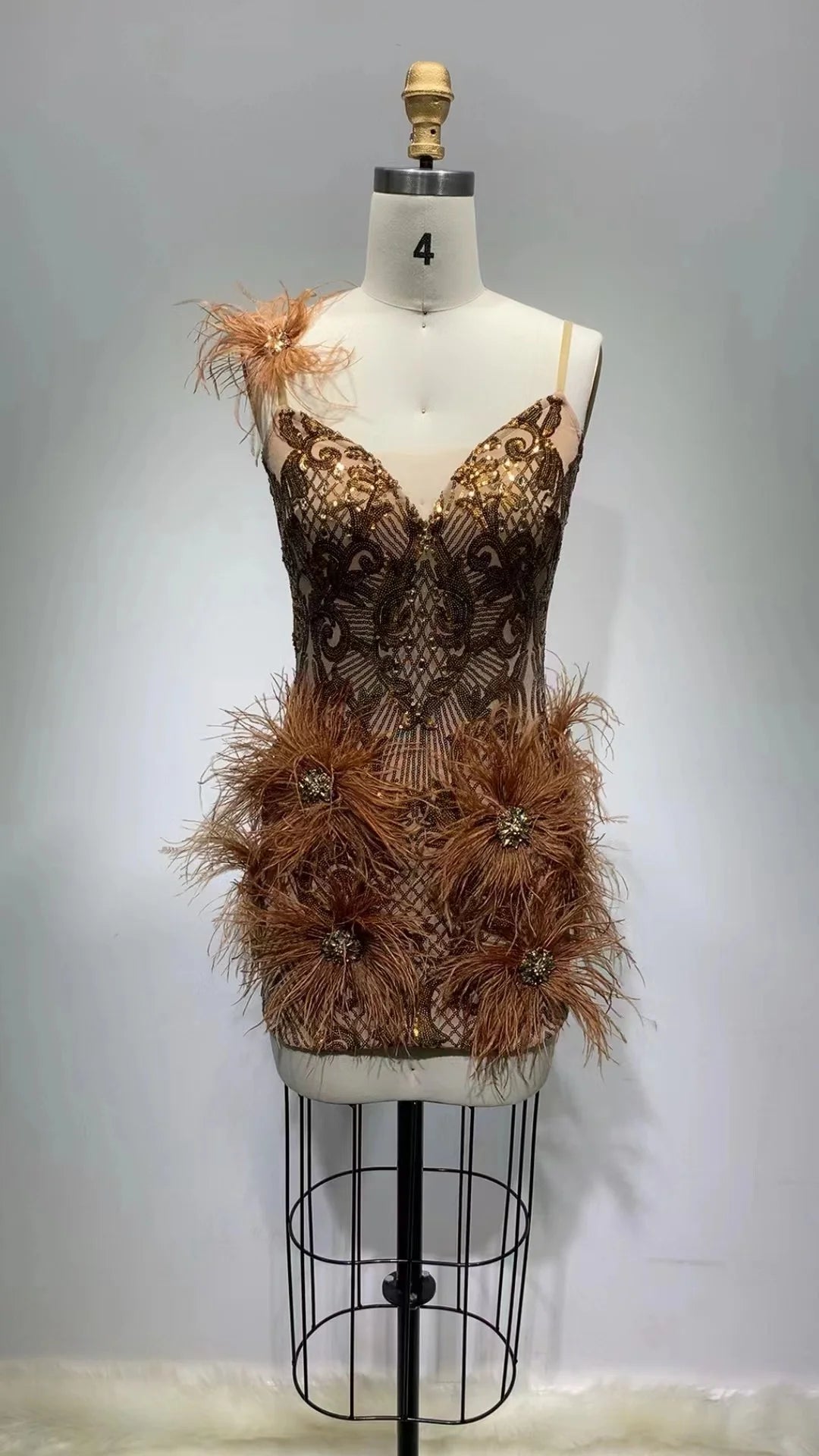 Elegant Gold Feather Sleeveless Bodycon Dress for Women - Sexy Evening Party Gown, Clubwear, Cocktail Dress - Perfect for Night Out, Date Night, and Special Occasions