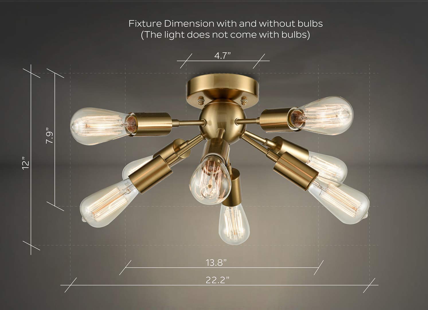 Firenze Sputnik Chandelier - 8 Light Flush Mount Ceiling Fixture in Antique Brass | Modern Lighting for Dining Room, Bedroom or Entryway