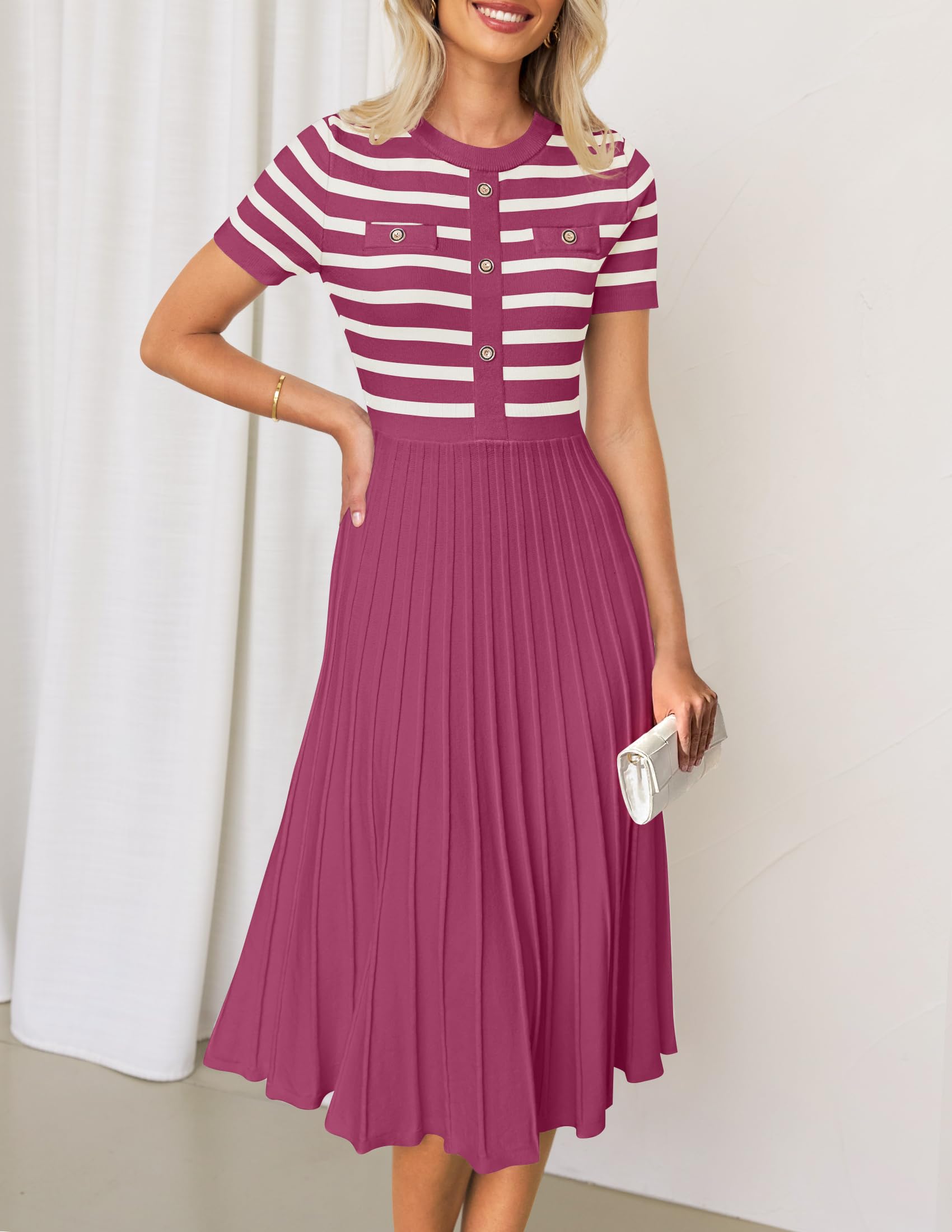 ZESICA Women's 2025 Casual Striped Midi Dress - Crewneck Short Sleeve Button Down Ribbed Knit Swing Pleated A-Line Dress for Spring Summer Office Work Party Vacation