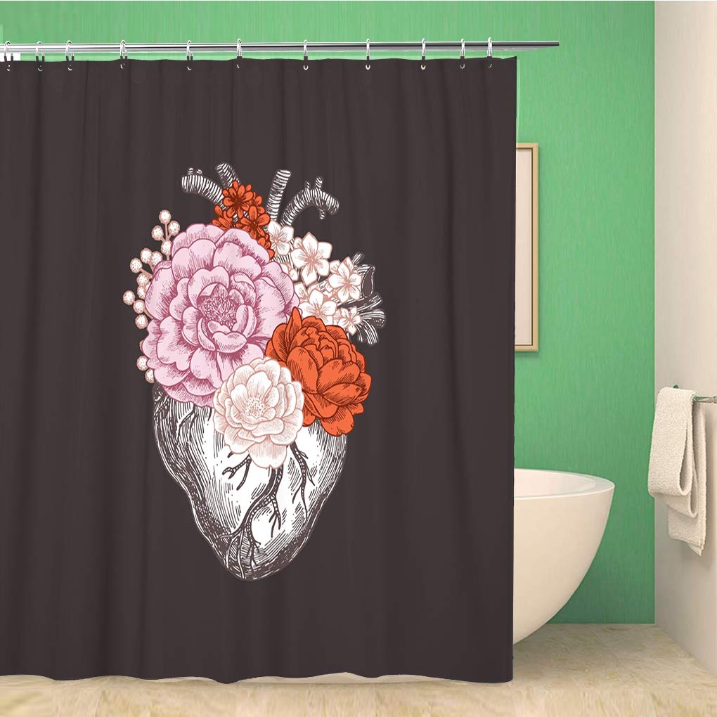 Vintage Floral Anatomical Heart Shower Curtain - Waterproof Polyester Fabric Bathroom Decor (60x72 Inches) with Hooks - Perfect for Boho, Gothic or Romantic Bathroom Themes