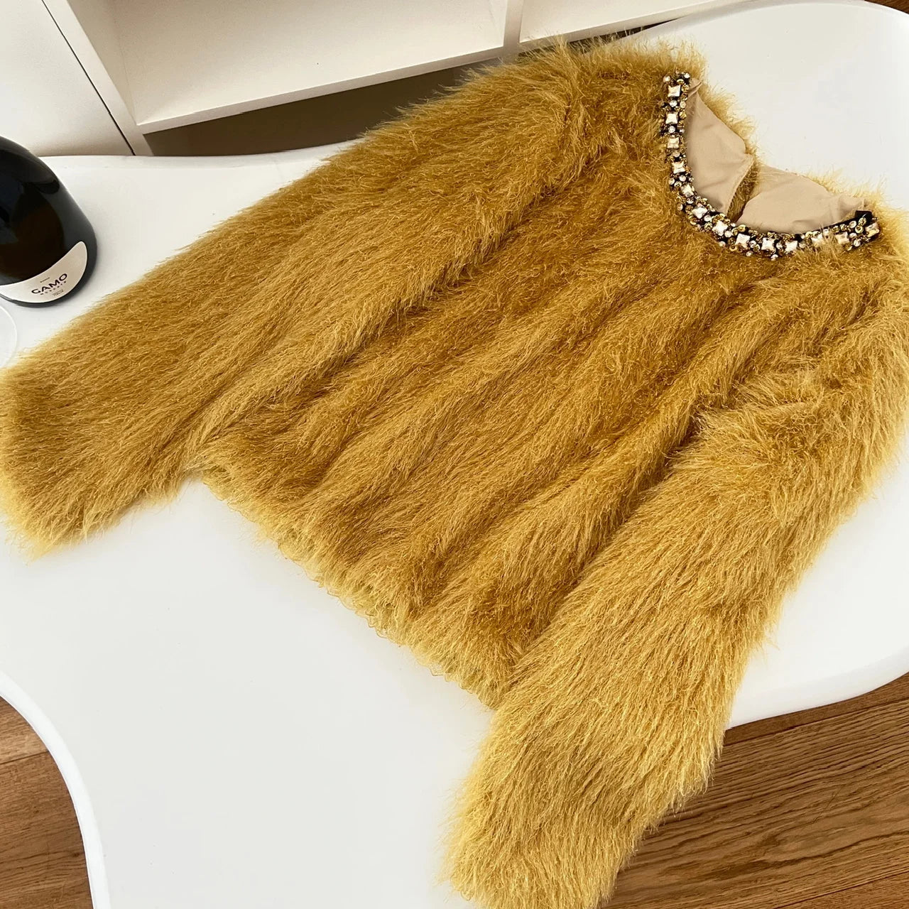 2024 Korean Style Women's Yellow Diamond Round Neck Short Mink Sweater - Warm Winter Casual Tops for Elegant Vacation & Daily Wear | Cozy Fall/Winter Fashion Outfit