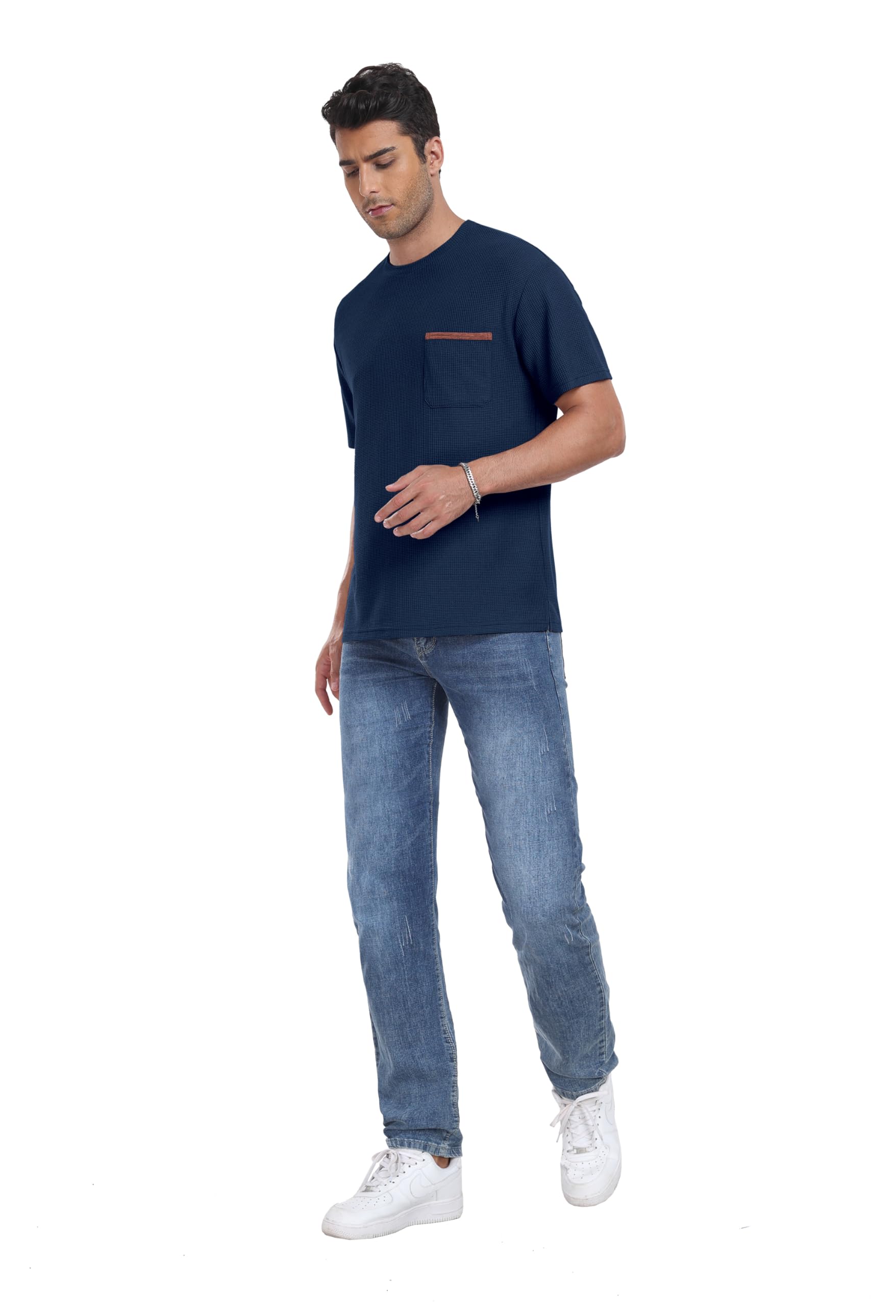 Men's Casual Short Sleeve Crew Neck T-Shirt - Soft Summer Tee with Waffle Texture & Pocket - Perfect for Beach, Travel & Everyday Wear