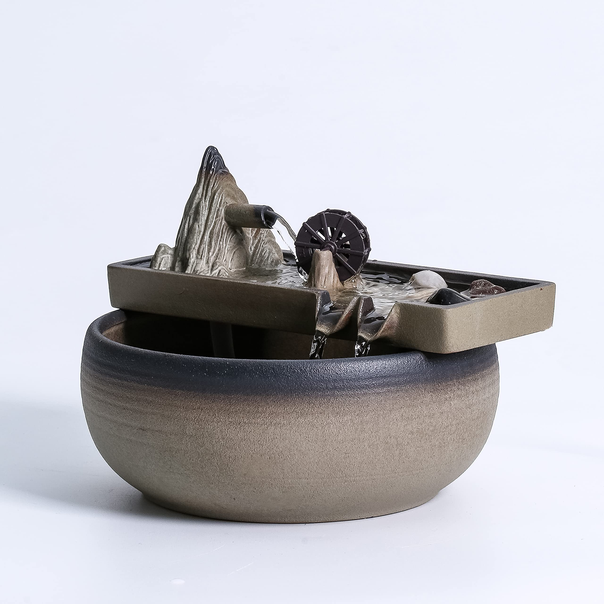 Brown Ceramic Tabletop Fountain - Indoor Home & Office Decor for Desk, Table, Patio - Relaxing Water Feature for Stress Relief & Zen Atmosphere