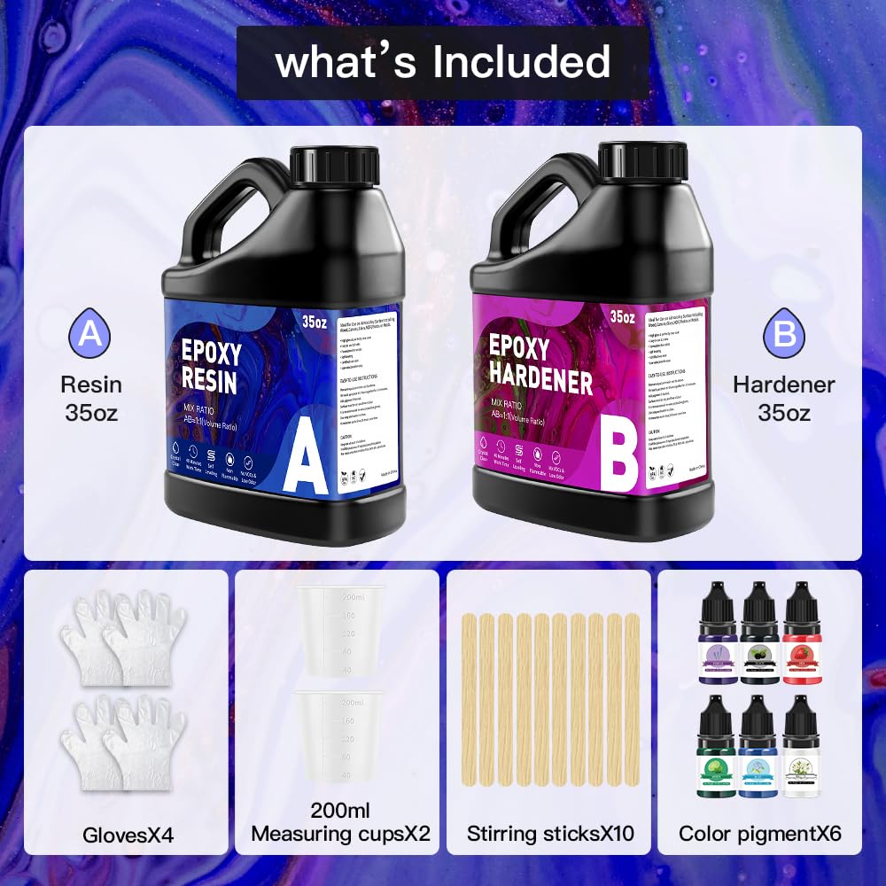 70OZ Clear Epoxy Resin Kit (35OZ×2) - Self-Leveling, Bubble-Free Casting Resin for Jewelry Making, Art Crafts, Molds - Non-Yellowing 1:1 Mix Ratio - Perfect for DIY Projects, Tabletop Coating & Decorative Art