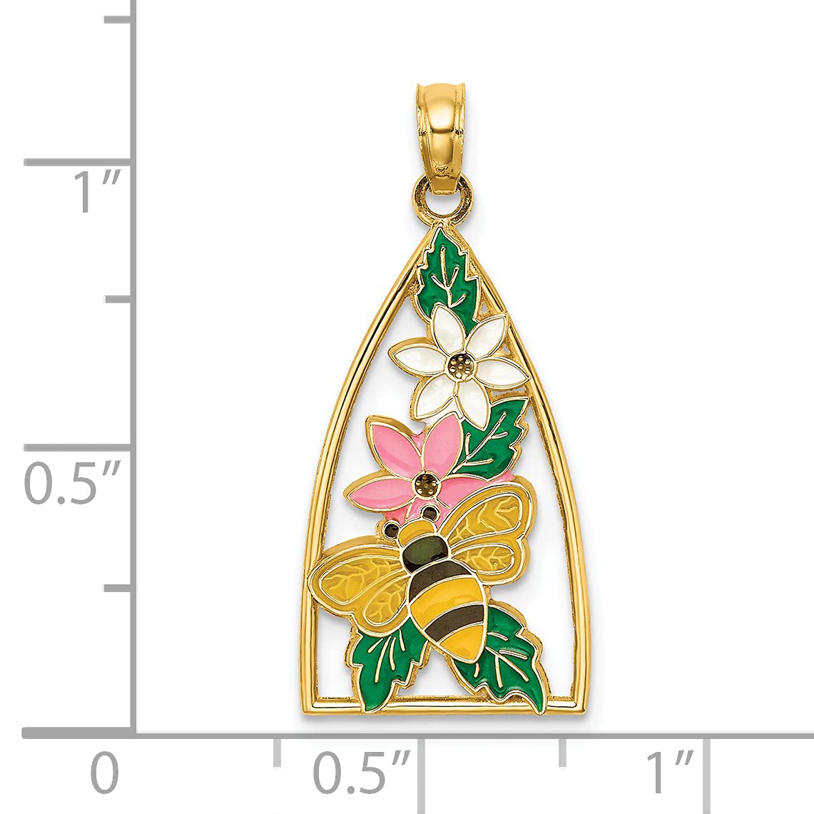 14K Yellow Gold Enameled Bumblebee & Floral Triangle Charm Pendant - 29.6mm for Necklace, Bracelet & Jewelry Making - Perfect Gift for Women & Bee Lovers
