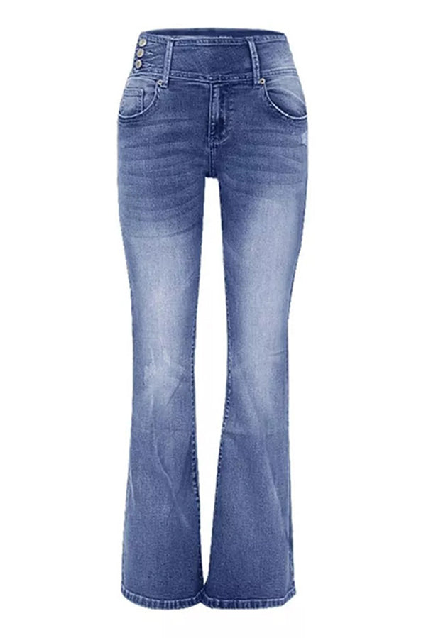 Vintage High Waist Flared Jeans with Side Button Pockets - Retro 70s Style Denim Pants for Women, Perfect for Casual Outings & Boho Fashion Looks