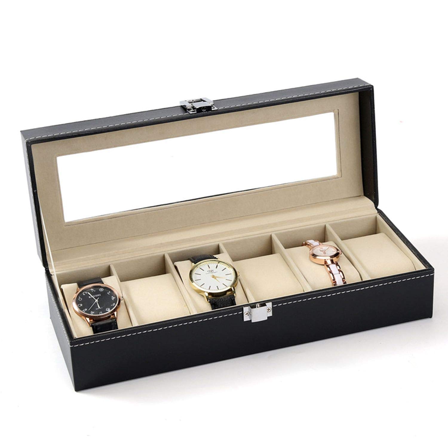 Premium 6-Slot Watch Display Case with Glass Lid & Removable Pillow - Luxury Black Leather Watch Box Organizer for Men | Perfect for Watch Collection Storage, Jewelry Organization & Gift Giving