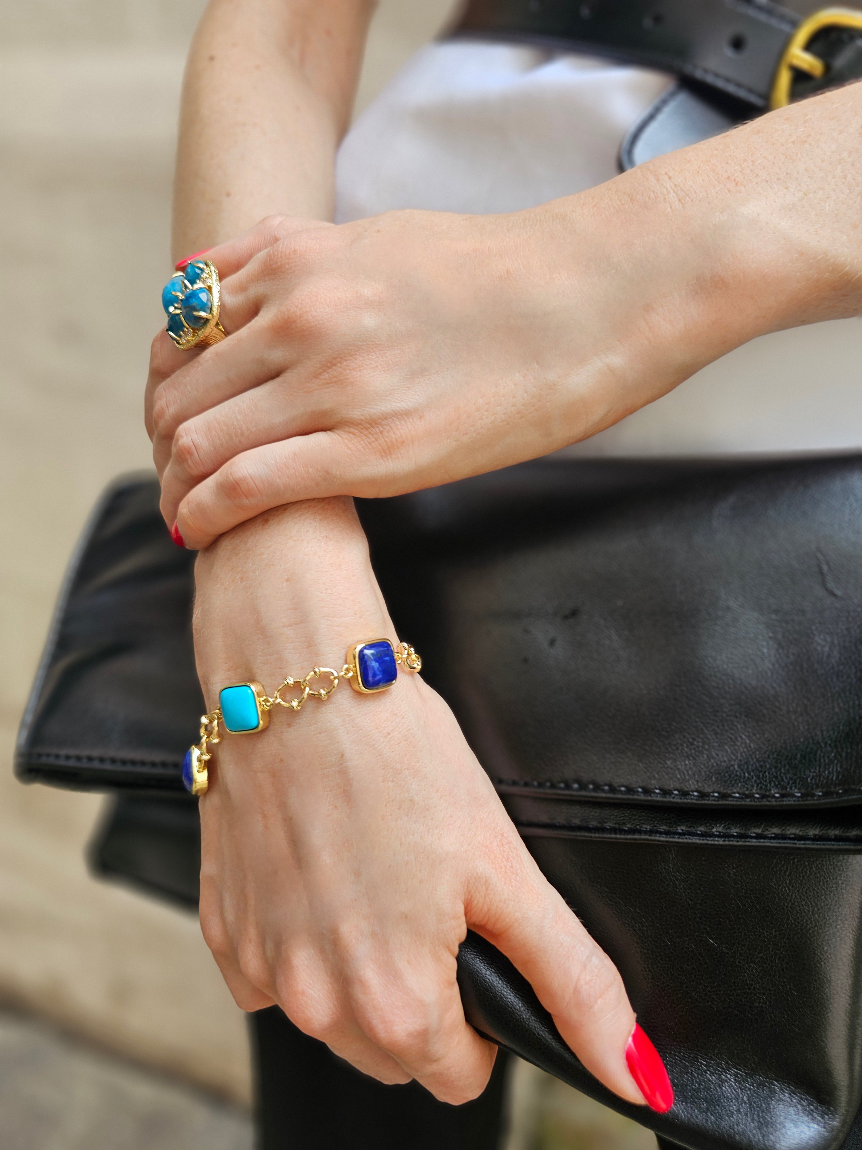 Square Blue Turquoise and Lapis Lazuli Chain Bracelet NB015 - Handmade Boho Jewelry for Women, Gift for Her, Perfect for Casual Wear & Special Occasions