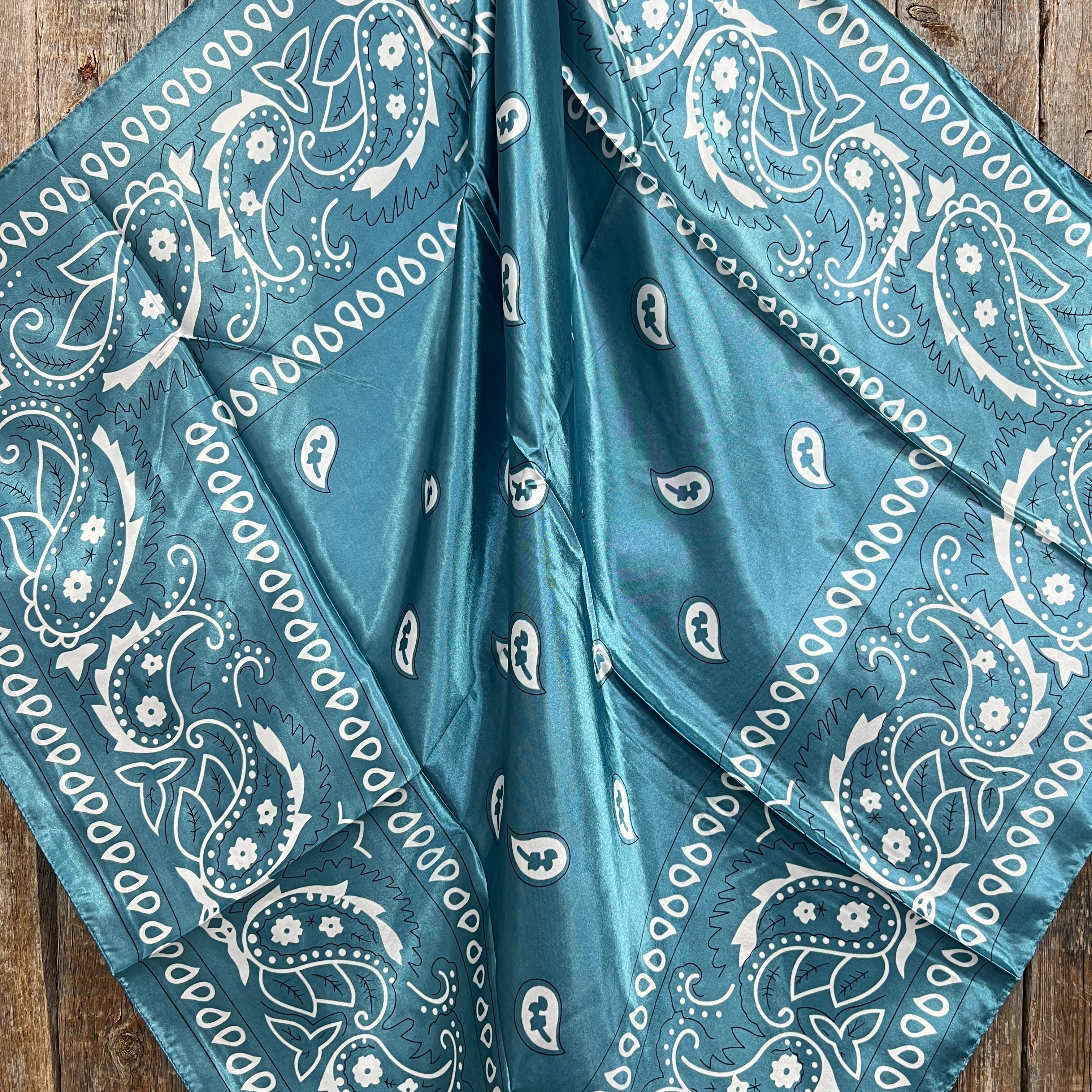 35x35 Blue & White Paisley Wild Rag Scarf WR3414 with Tooled Leather Slides - Western Cowboy Bandana for Horse Riding, Rodeo & Outdoor Adventures